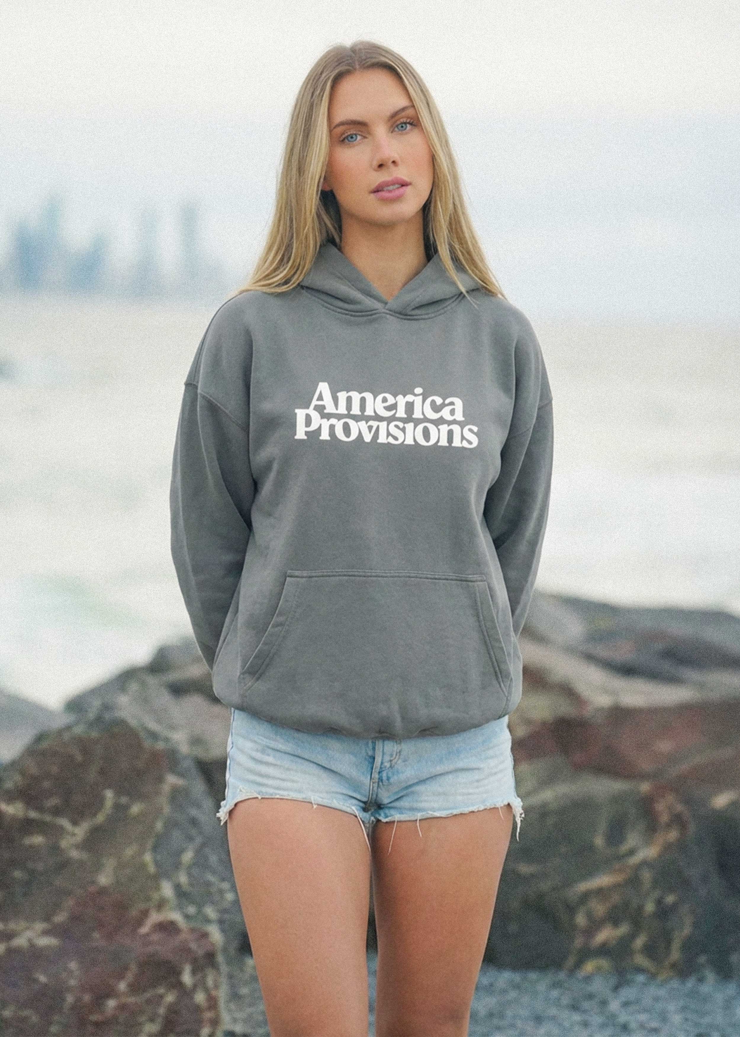 Shadow Gray America Provisions Logo Female relaxed graphic hoodie printed and shipped from the USA