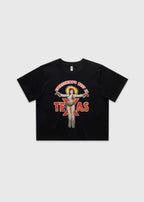 Black cropped t-shirt featuring a retro cowgirl illustration with the text “Everything’s Best in Texas,” premium Western graphic tee by America Provisions.