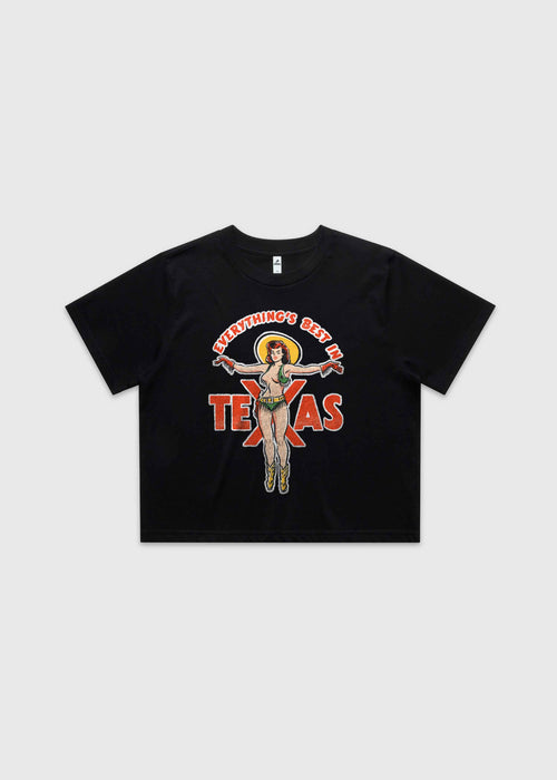 Black cropped t-shirt featuring a retro cowgirl illustration with the text “Everything’s Best in Texas,” premium Western graphic tee by America Provisions.