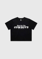 Black cropped t-shirt with bold red “Here For The Cowboys” Western graphic, structured boxy fit, heavy cotton fabric, America Provisions apparel product photo on a neutral background.