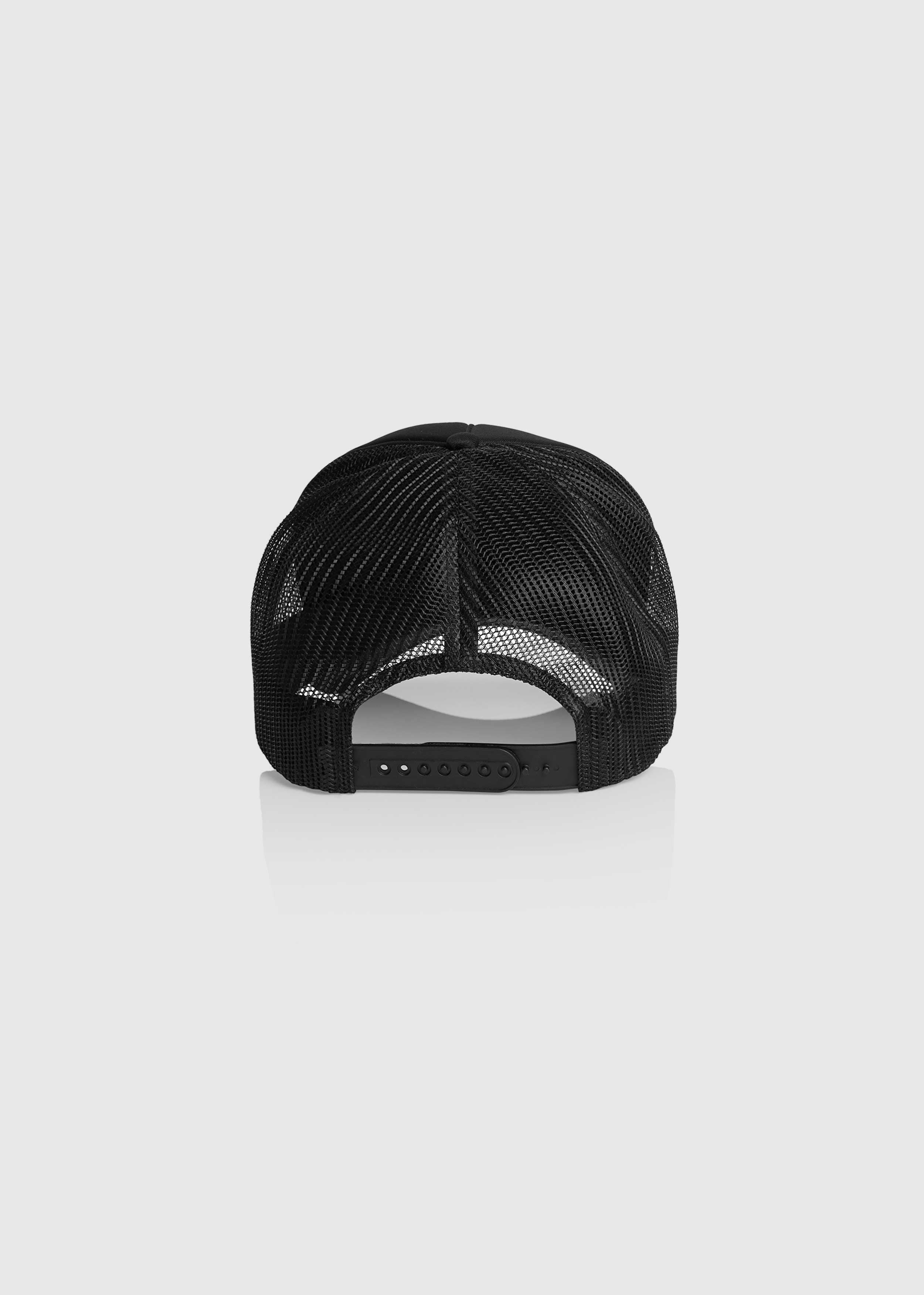 Back view of Black America Provisions Desert Leaf trucker cap with white graphic design, high-profile snapback with mesh back — printed and shipped from USA