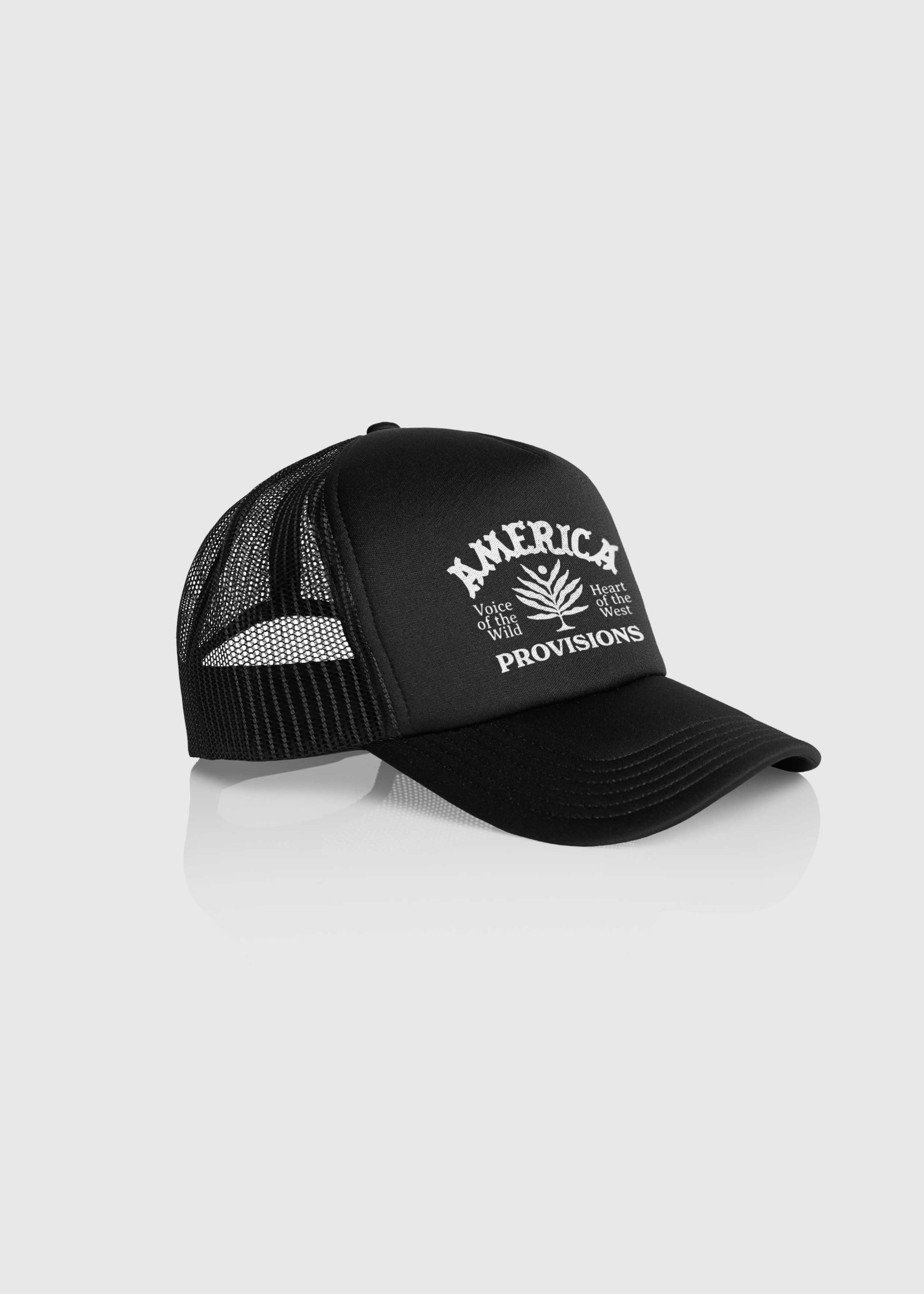 Side view of Black America Provisions Desert Leaf trucker cap with white graphic design, high-profile snapback with mesh back — printed and shipped from USA