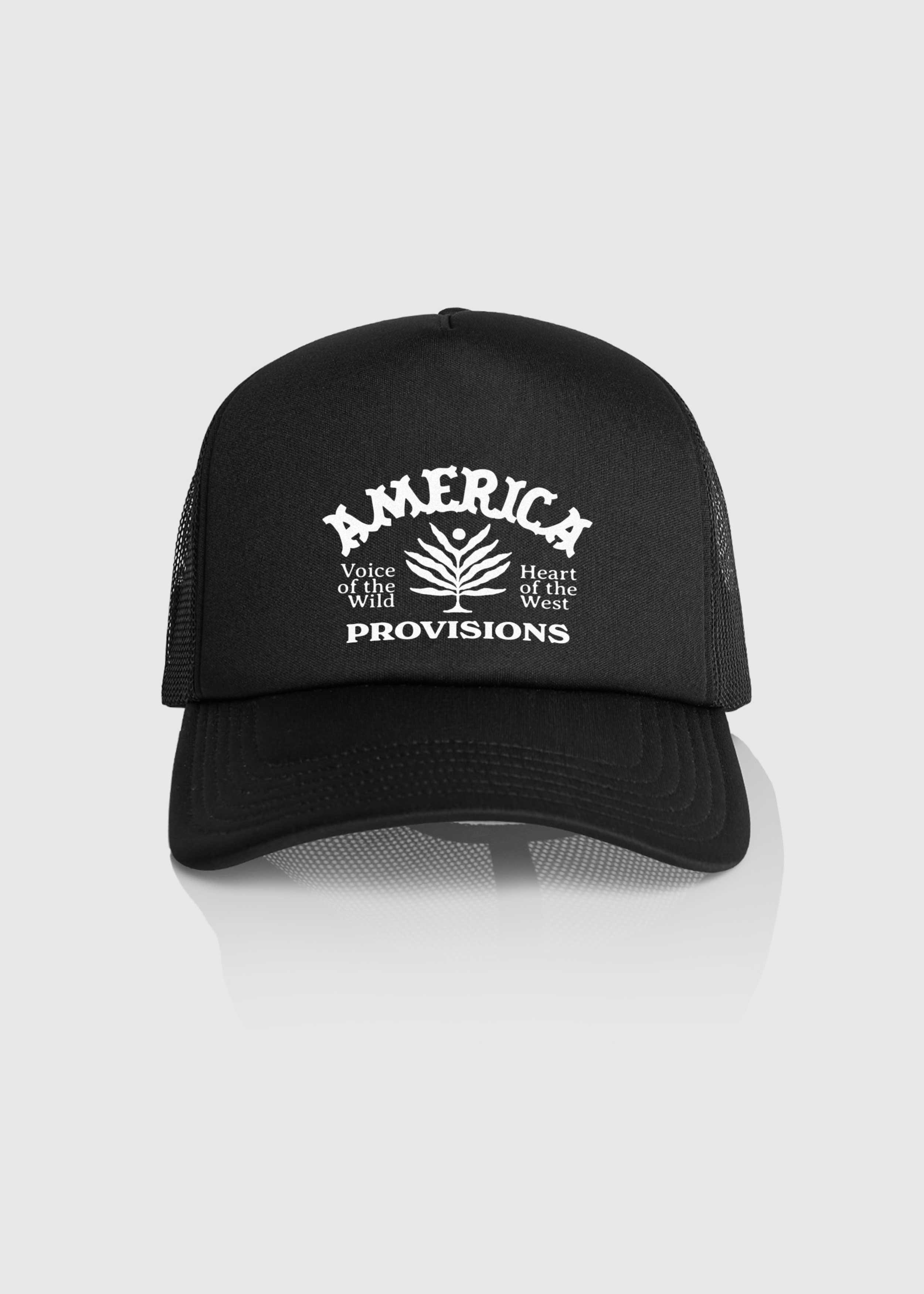 Black America Provisions Desert Leaf trucker cap with white graphic design, high-profile snapback with mesh back — printed and shipped from USA