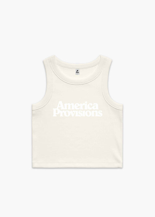 Ecru America Provisions Logo Female Organic Crop Tank Top printed and shipped from the USA