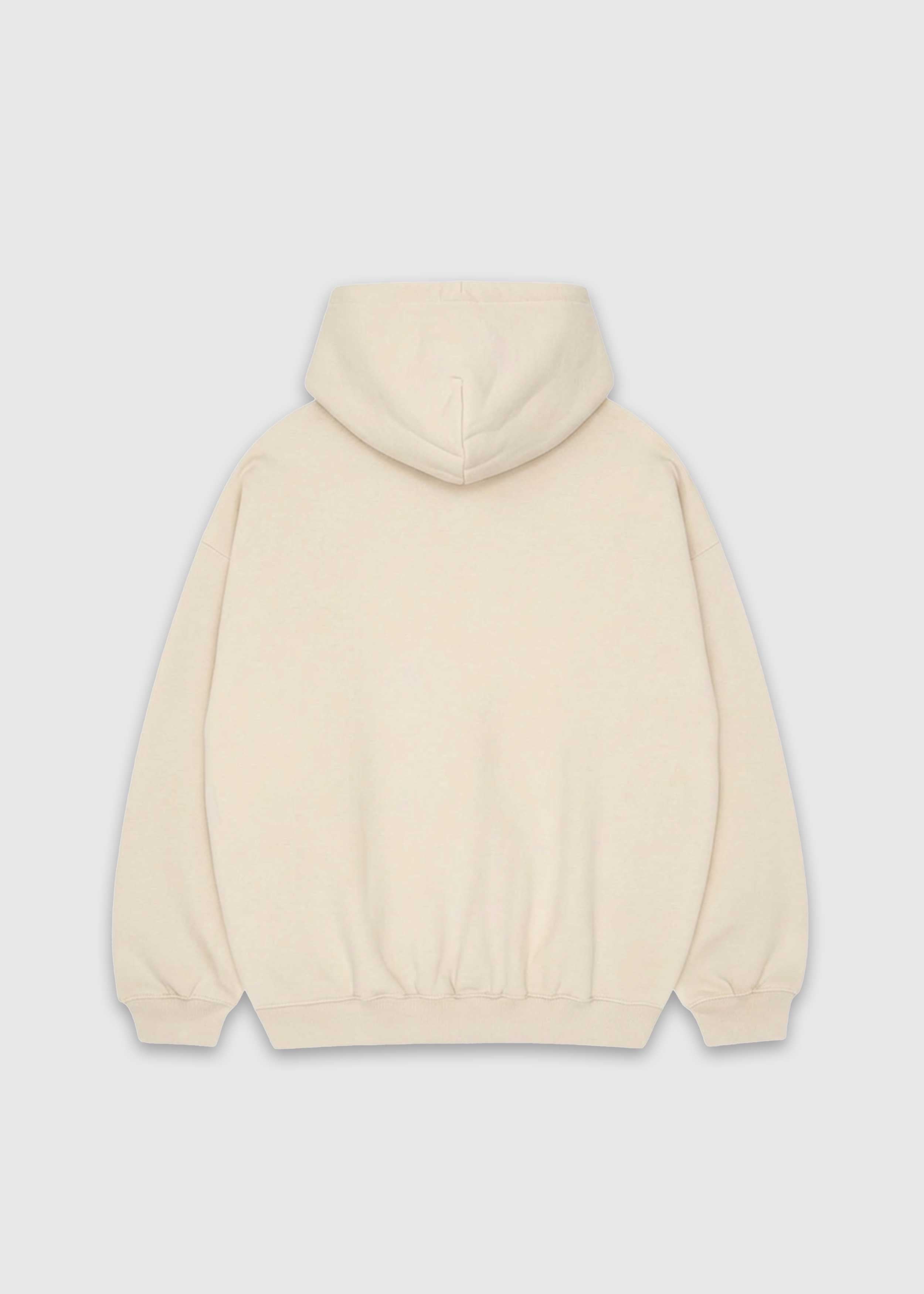 Back shot of ecru America Provisions Logo Female relaxed graphic hoodie printed and shipped from the USA