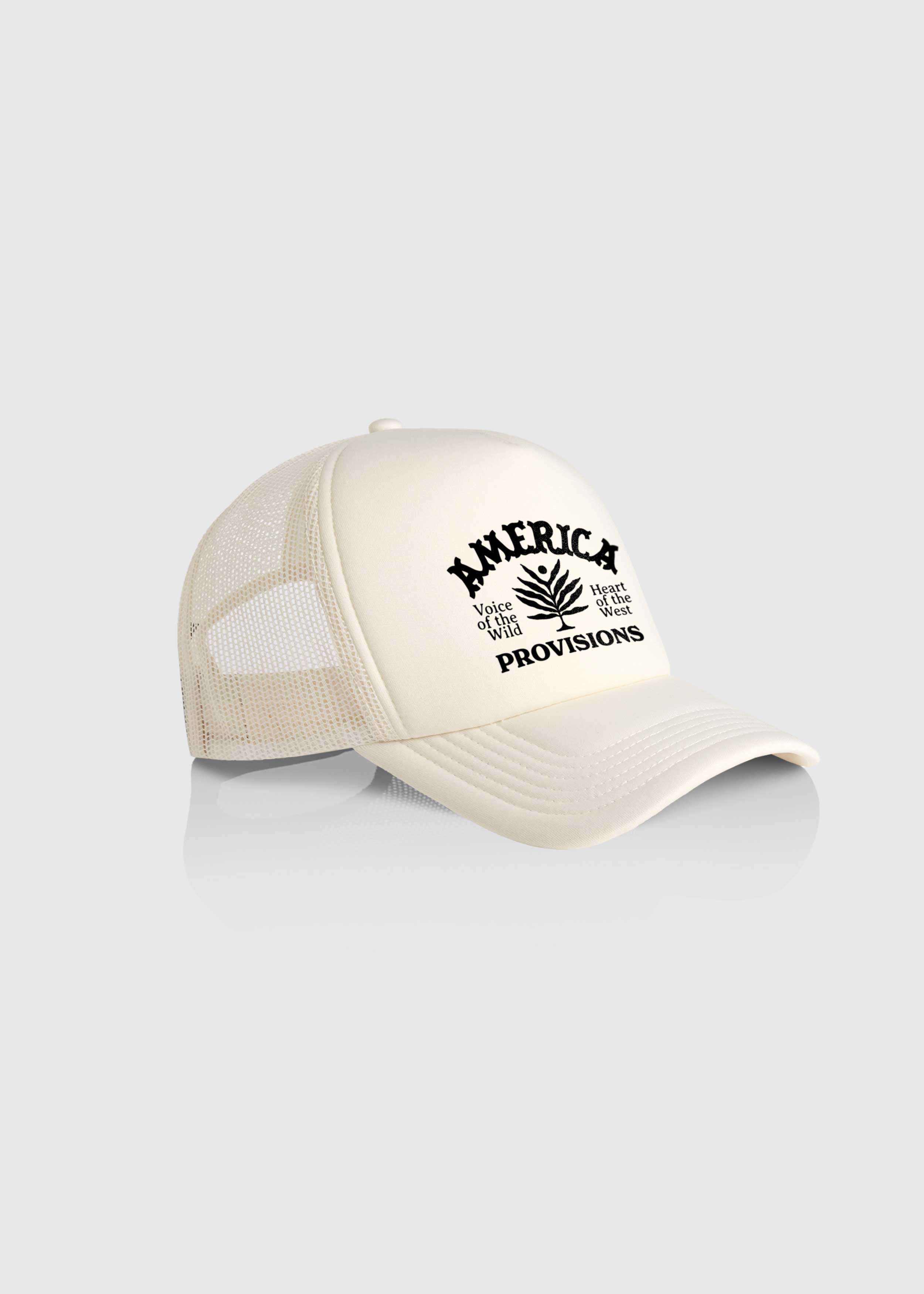 Side View of Ecru America Provisions Desert Leaf trucker cap with white graphic design, high-profile snapback with mesh back — printed and shipped from USA