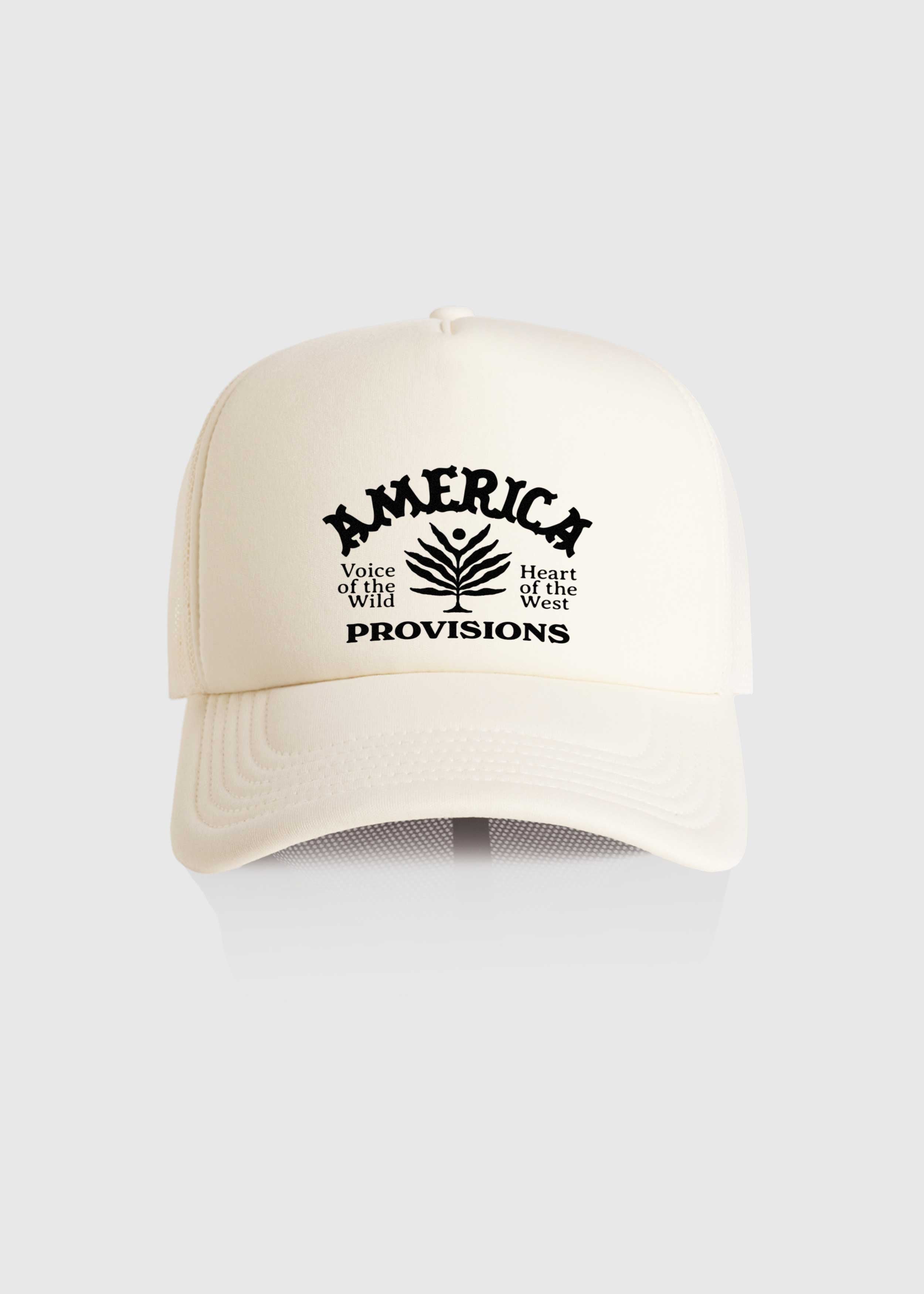 Ecru America Provisions Desert Leaf trucker cap with white graphic design, high-profile snapback with mesh back — printed and shipped from USA