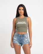 Eucalyptus crop top with America Provisions logo on. Blonde model is wearing the crop top and denim shorts