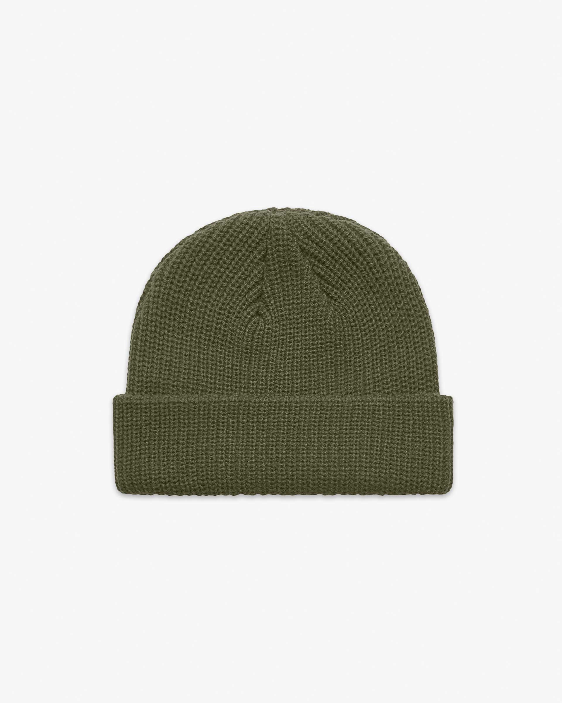 Army Green Short fisherman-style beanie with wide ribbed knit displayed flat for product detail.