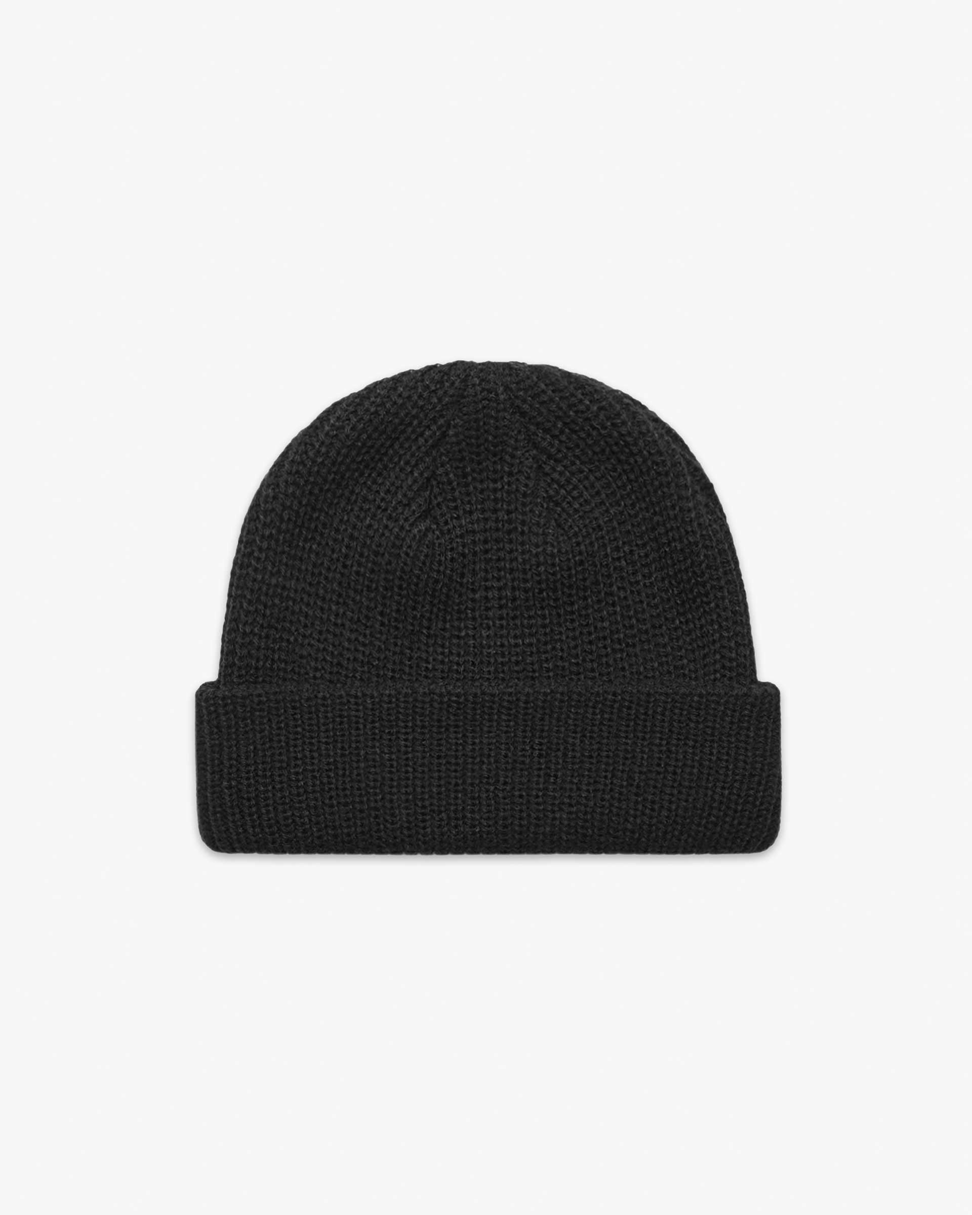 Black Short fisherman-style beanie with wide ribbed knit displayed flat for product detail.