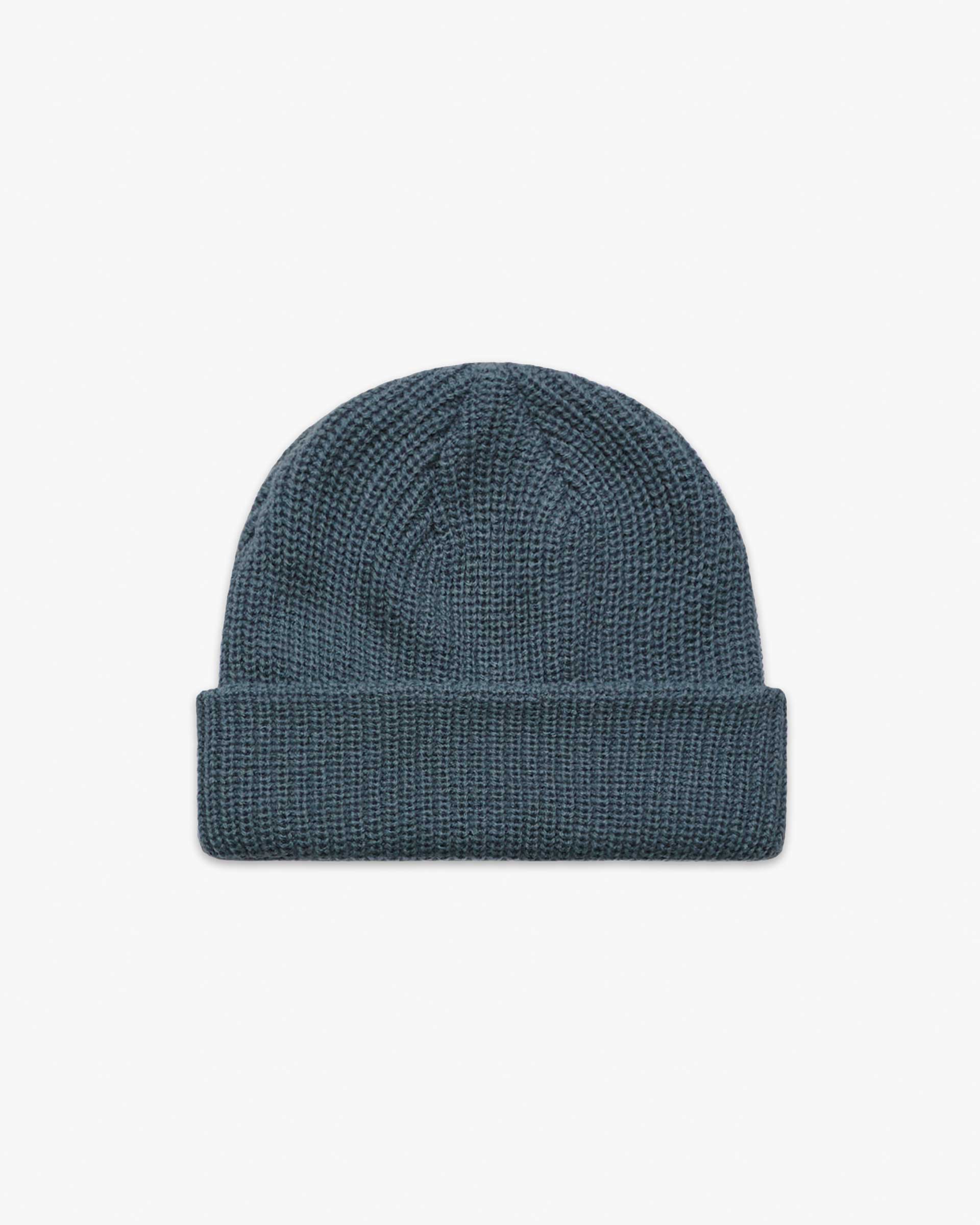 Petrol Blue Short fisherman-style beanie with wide ribbed knit displayed flat for product detail.