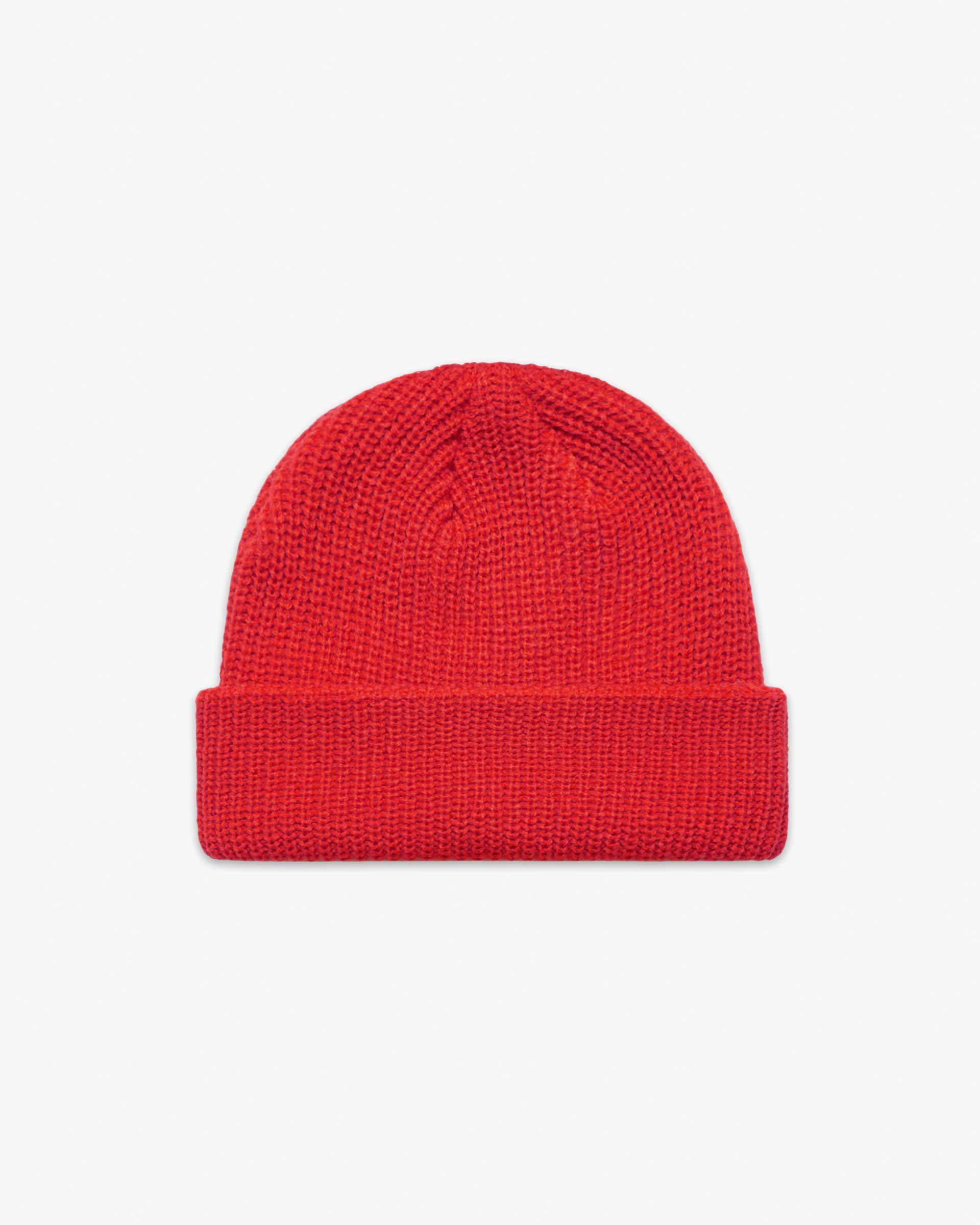 Red Short fisherman-style beanie with wide ribbed knit displayed flat for product detail.