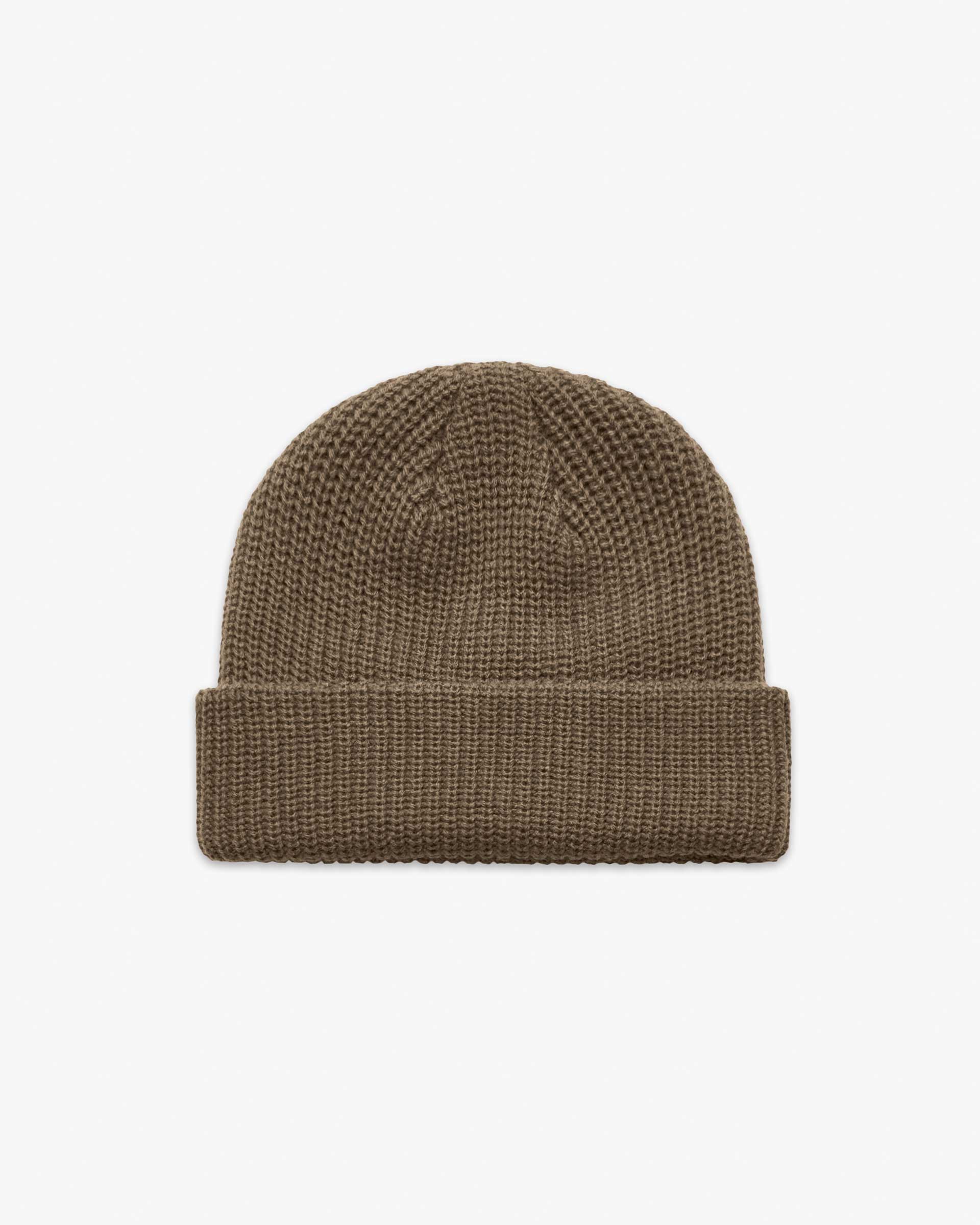 Walnut Brown Short fisherman-style beanie with wide ribbed knit displayed flat for product detail.
