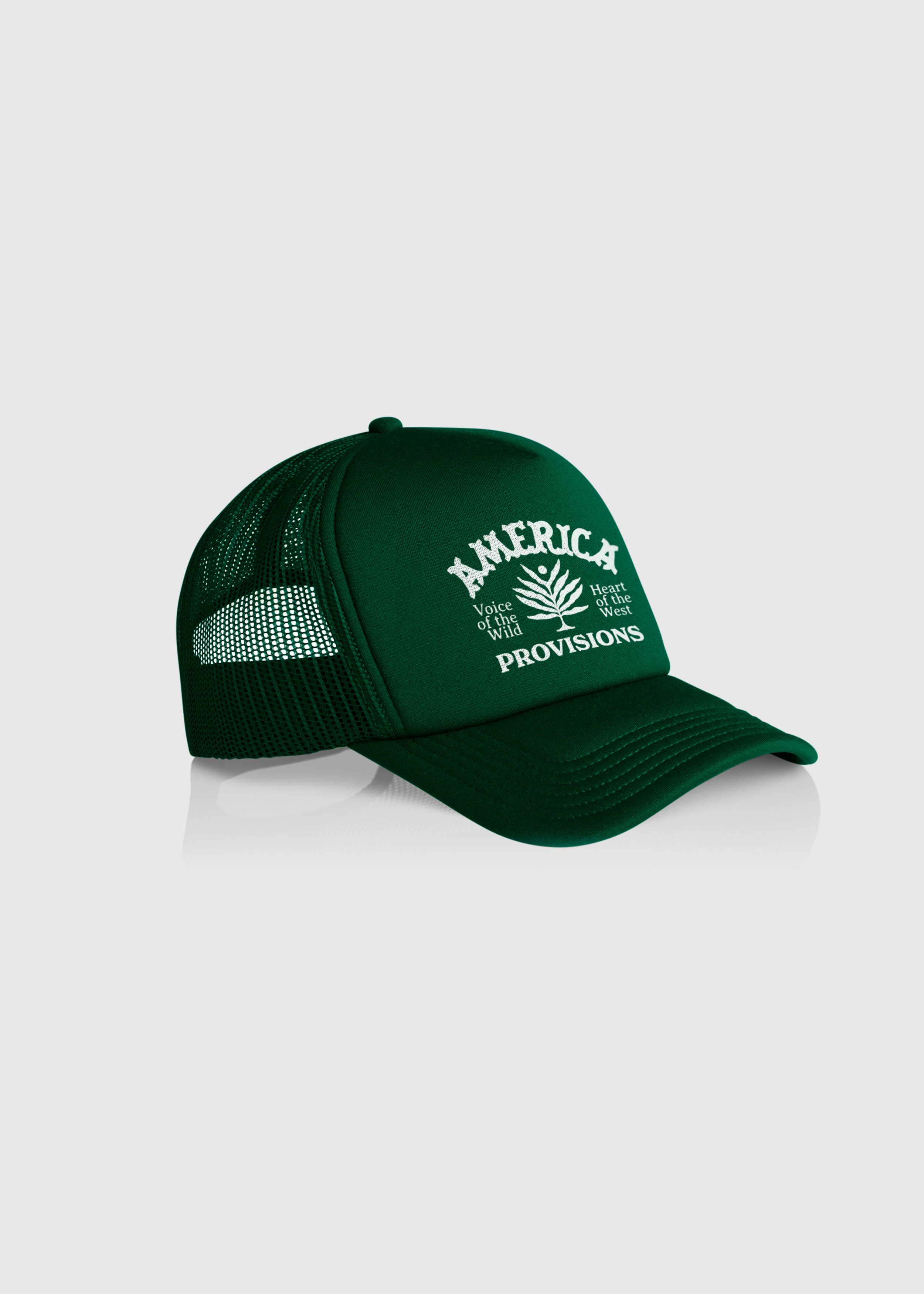 Side view of Green America Provisions Desert Leaf trucker cap with white graphic design, high-profile snapback with mesh back — printed and shipped from USA