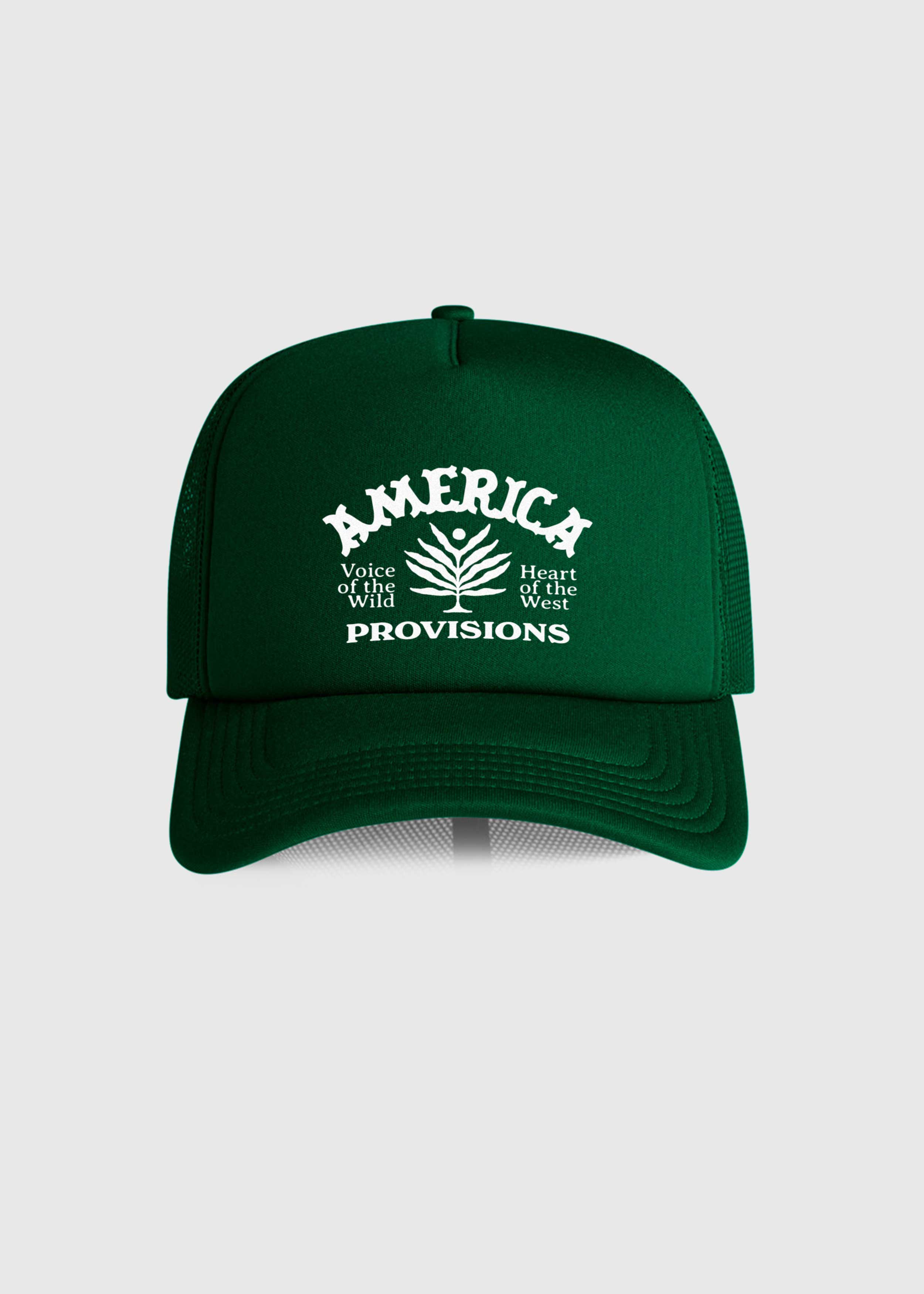 Forest Green America Provisions Desert Leaf trucker cap with white graphic design, high-profile snapback with mesh back — printed and shipped from USA