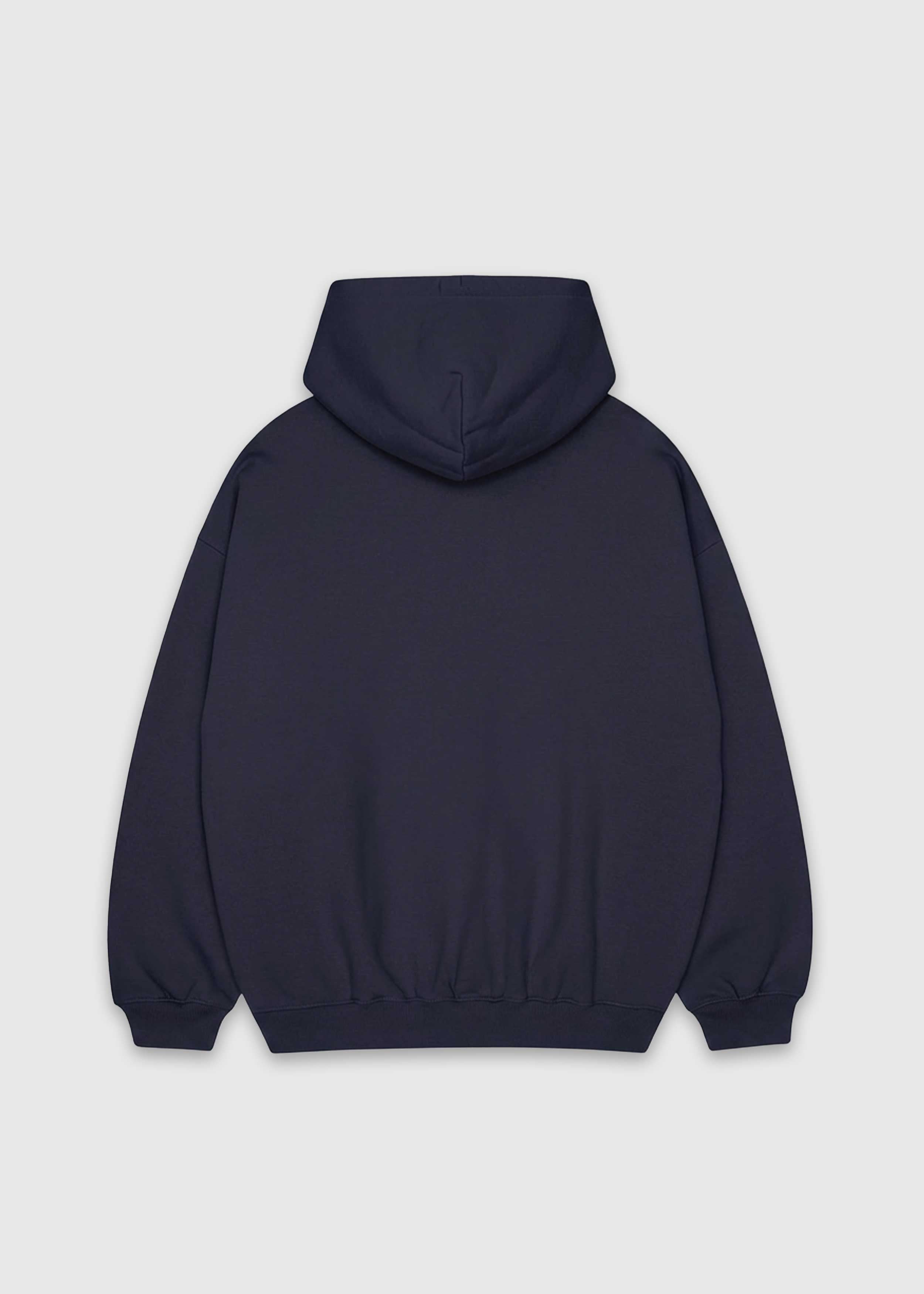 Back shot of Ink Blue America Provisions Logo Female relaxed graphic hoodie printed and shipped from the USA