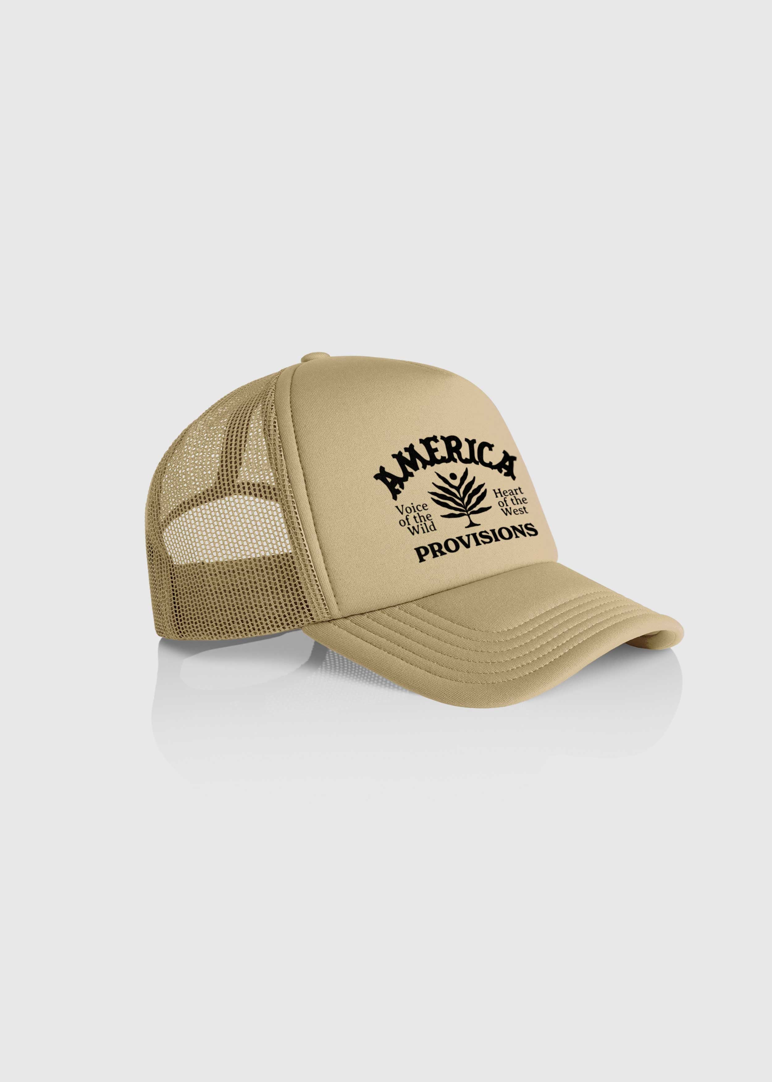 Side View of Khaki America Provisions Desert Leaf trucker cap with white graphic design, high-profile snapback with mesh back — printed and shipped from USA