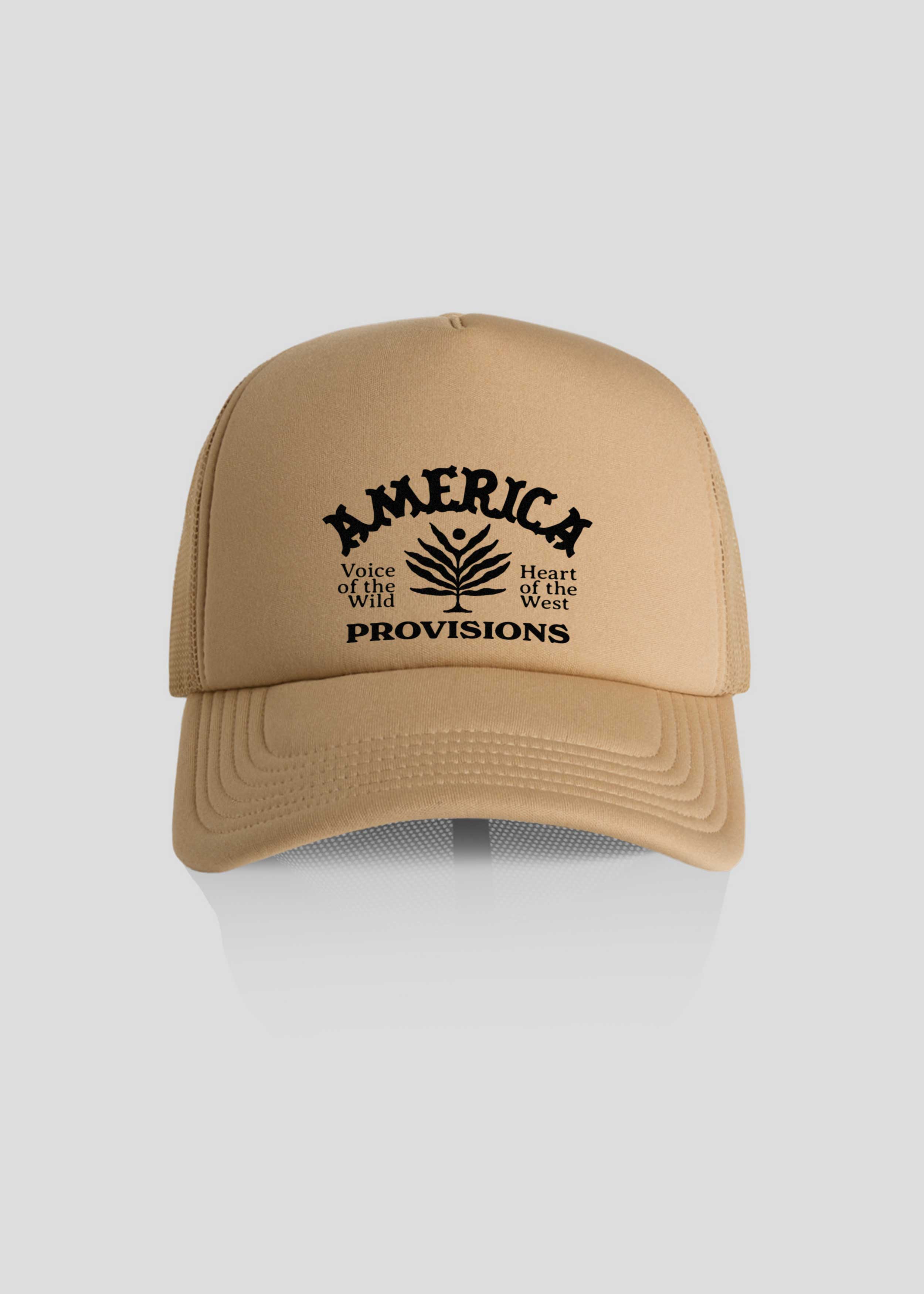 Khaki America Provisions Desert Leaf trucker cap with white graphic design, high-profile snapback with mesh back — printed and shipped from USA