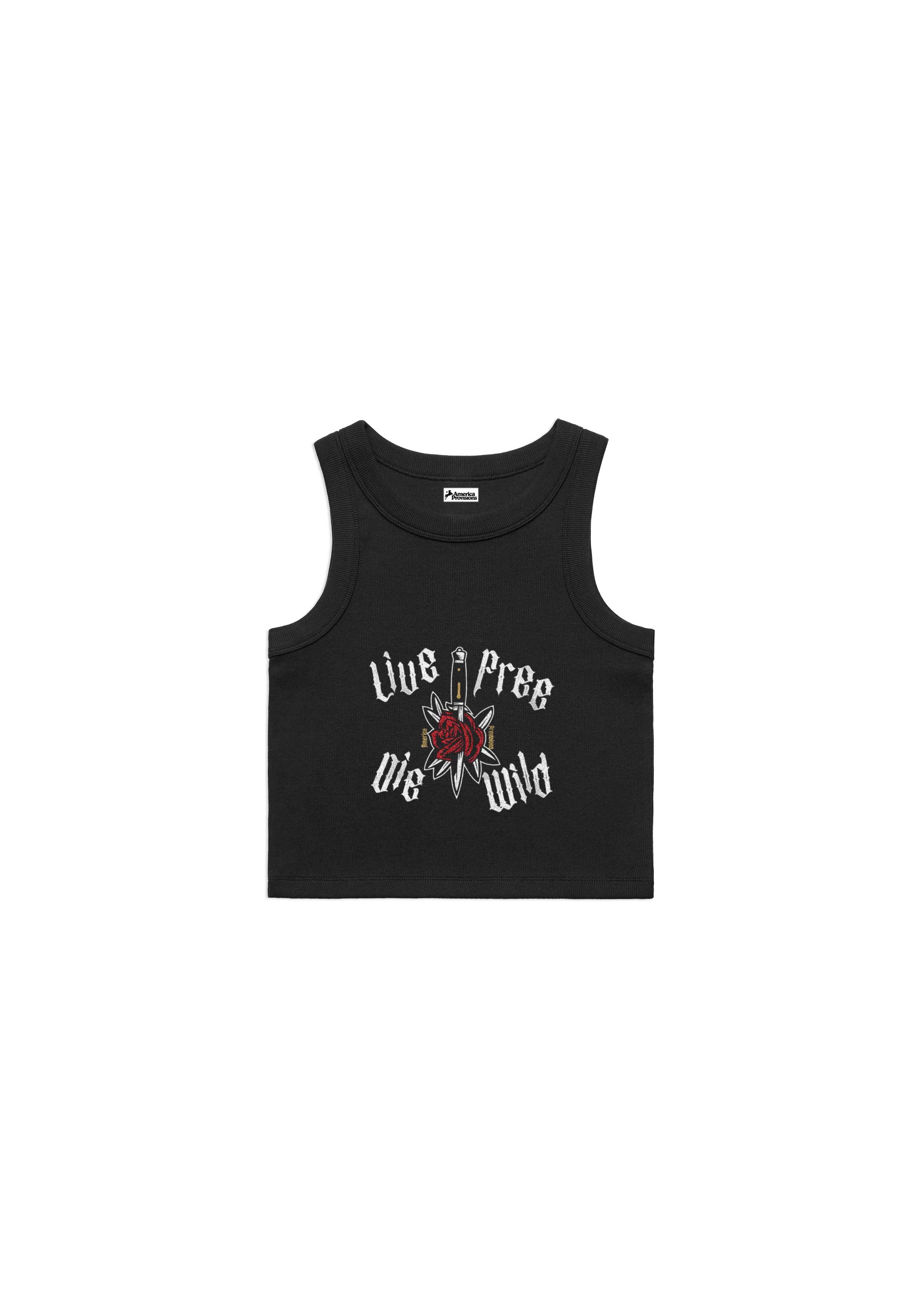 Black tank top with a rose and text design on a white background
