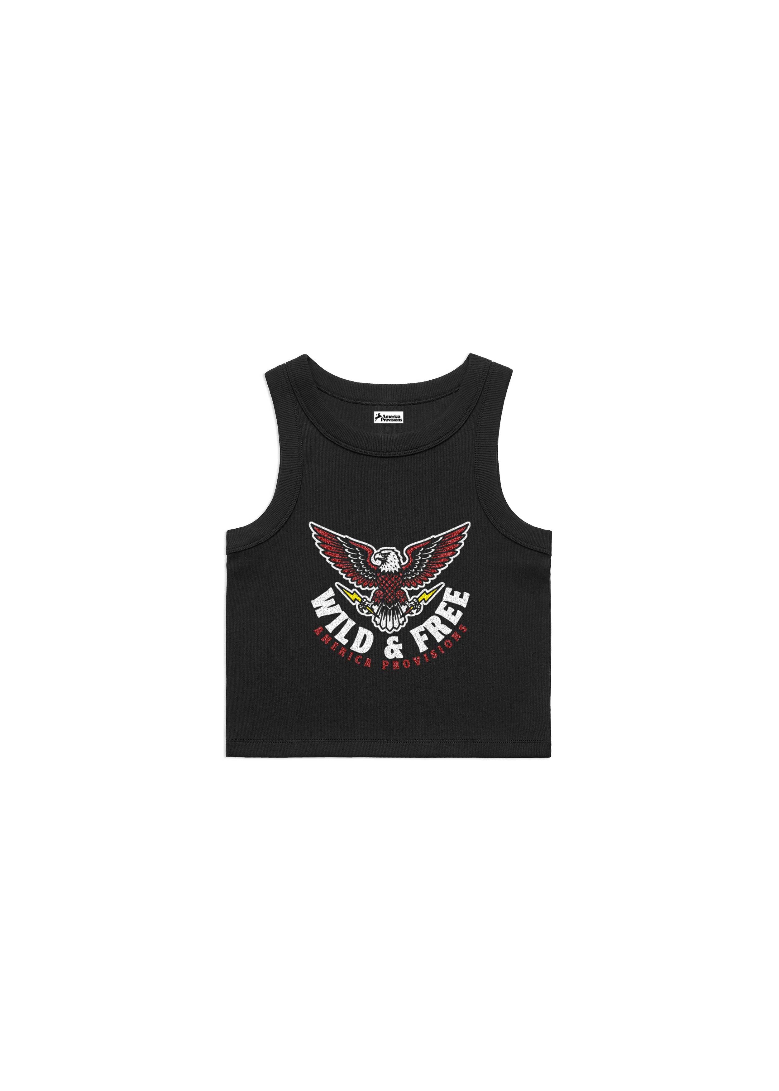 Black tank top with eagle design and 'Wild & Free' text on a white background