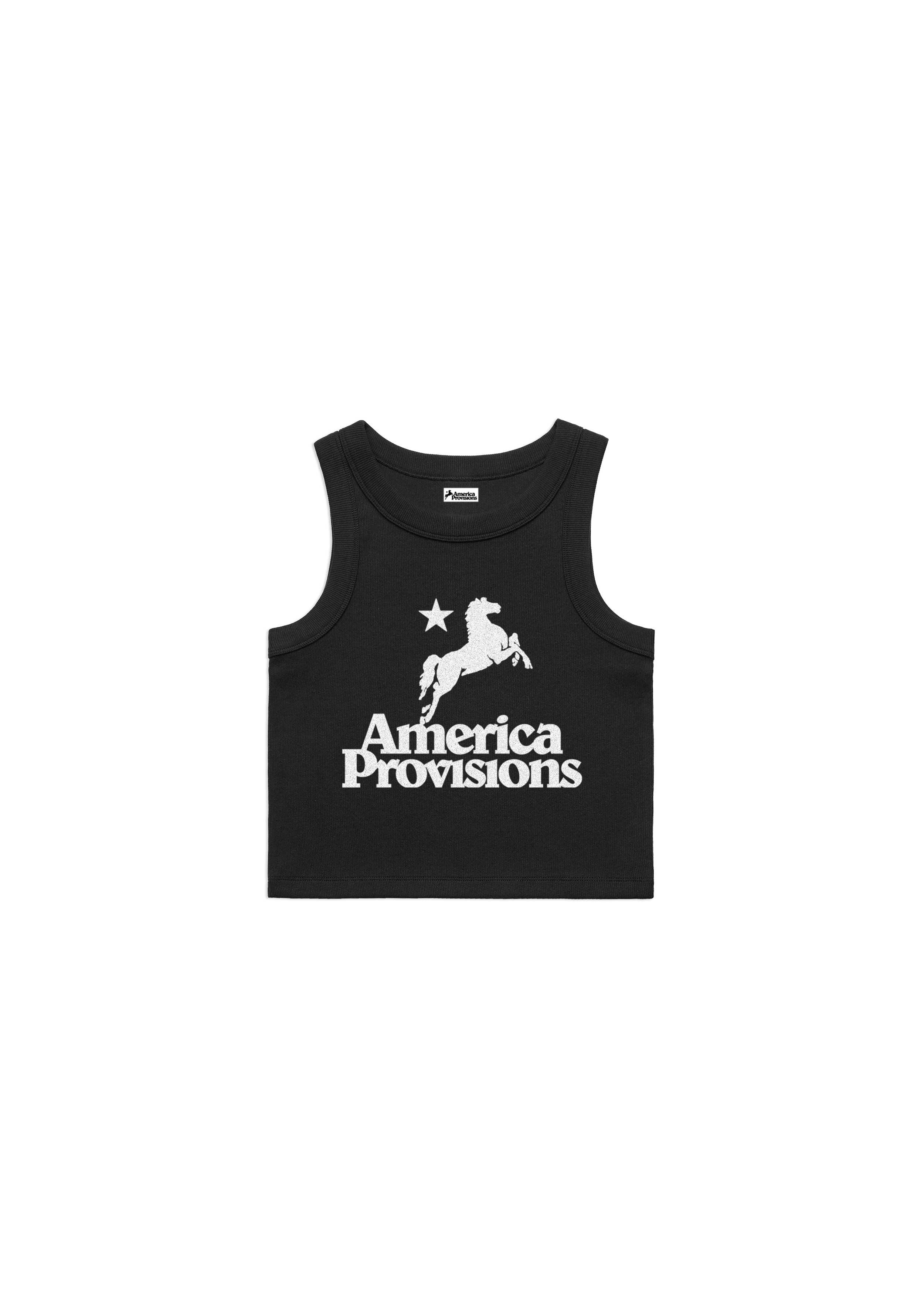 Black tank top with 'America Provisions' logo on a white background