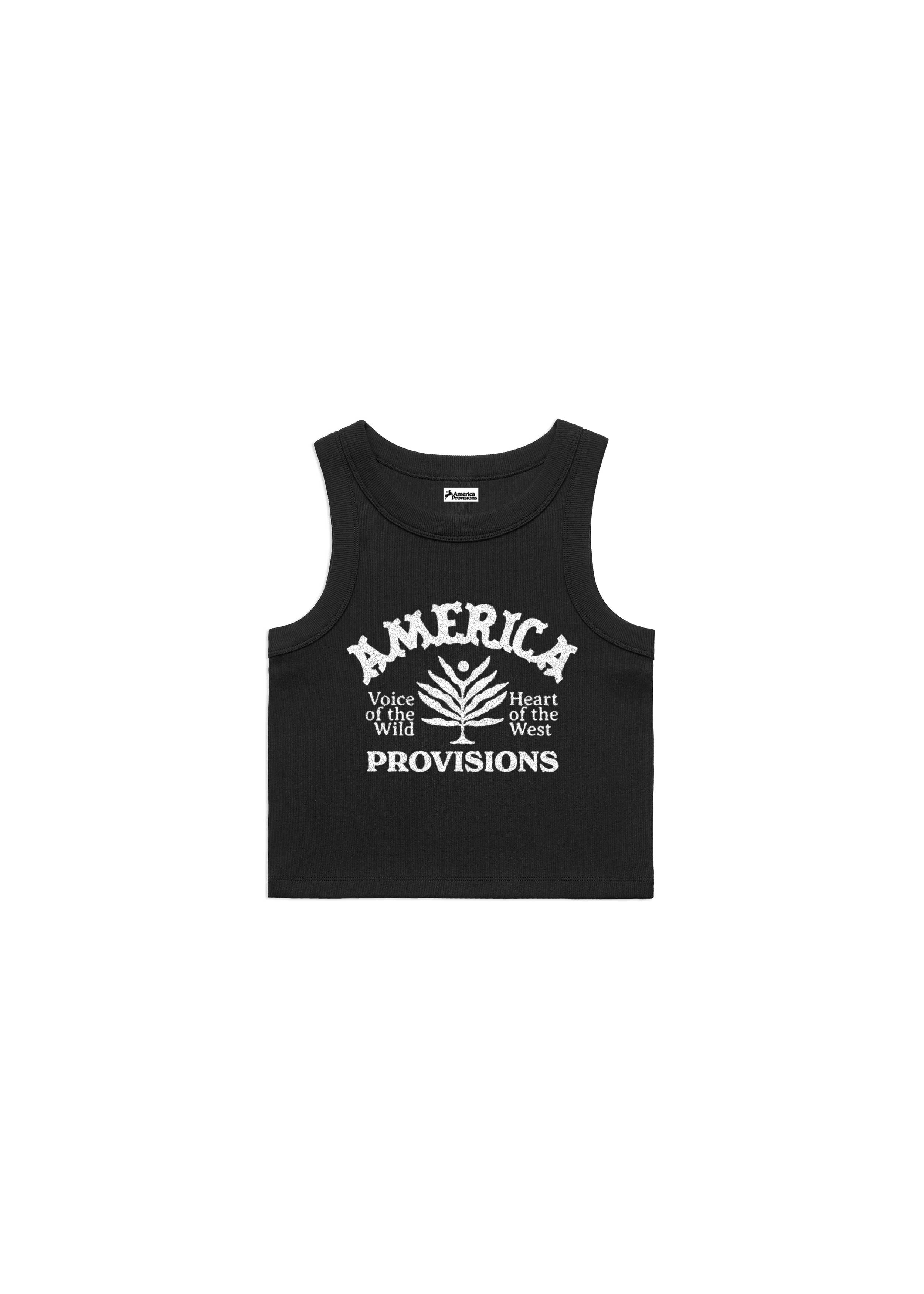 Black tank top with 'America Provisions' branding on a white background