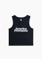 Navy America Provisions Logo Female Organic Crop Tank Top printed and shipped from the USA