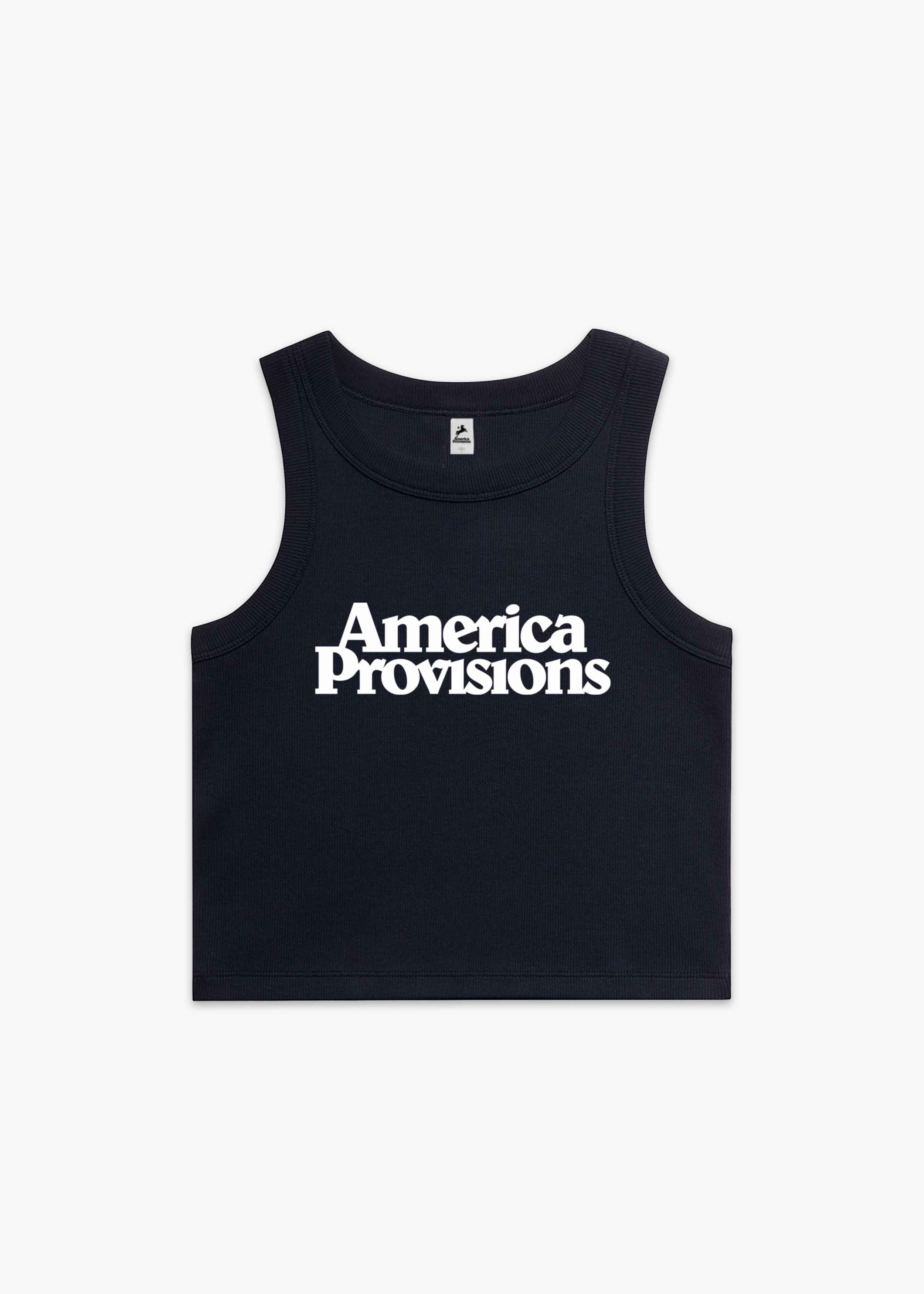 Navy America Provisions Logo Female Organic Crop Tank Top printed and shipped from the USA
