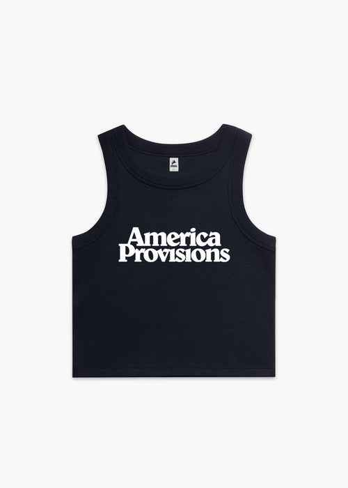 Navy America Provisions Logo Female Organic Crop Tank Top printed and shipped from the USA