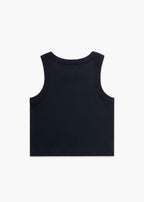 Back of Navy America Provisions Logo Female Organic Crop Tank Top printed and shipped from the USA