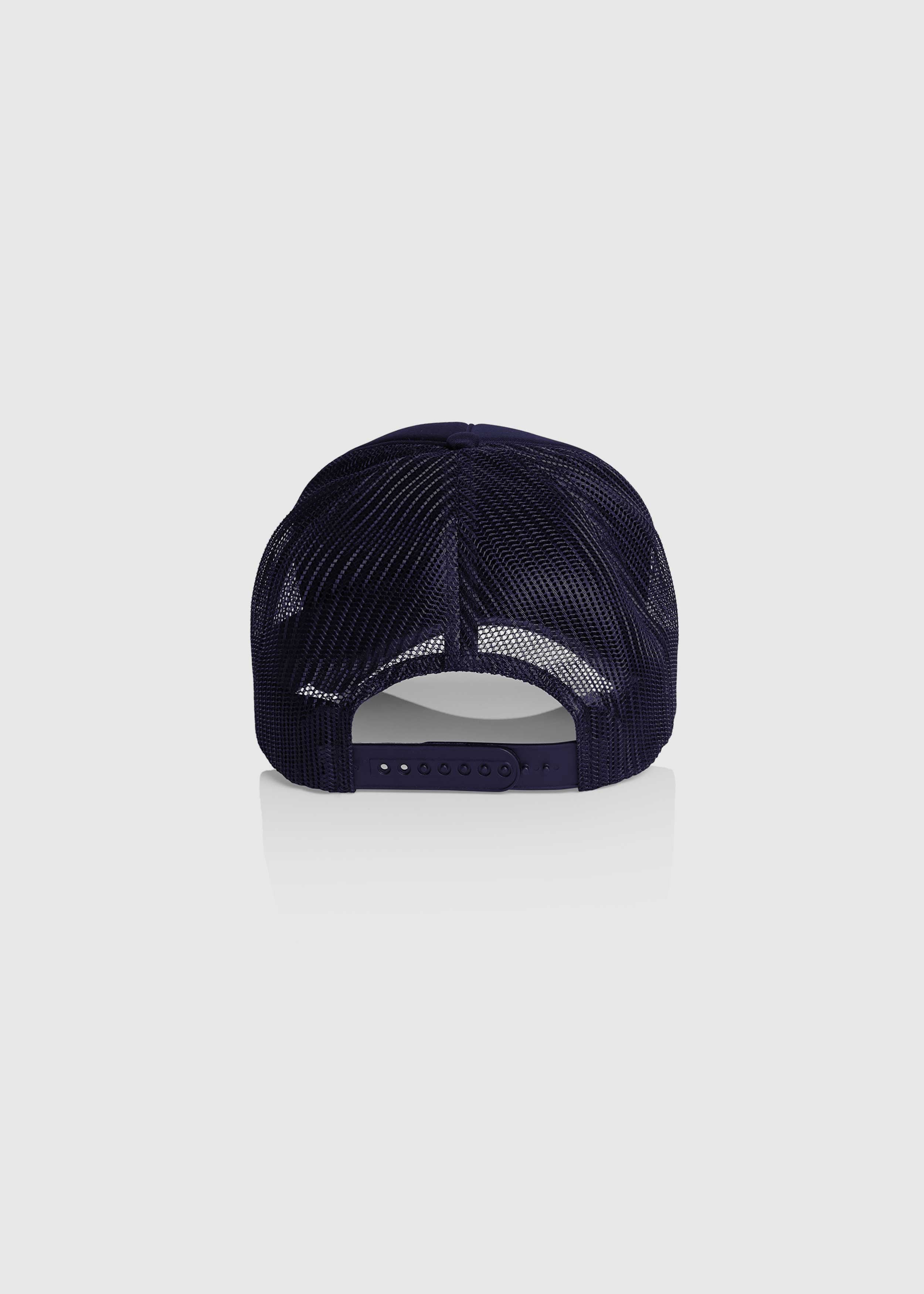Back view of Navy America Provisions Desert Leaf trucker cap with white graphic design, high-profile snapback with mesh back — printed and shipped from USA