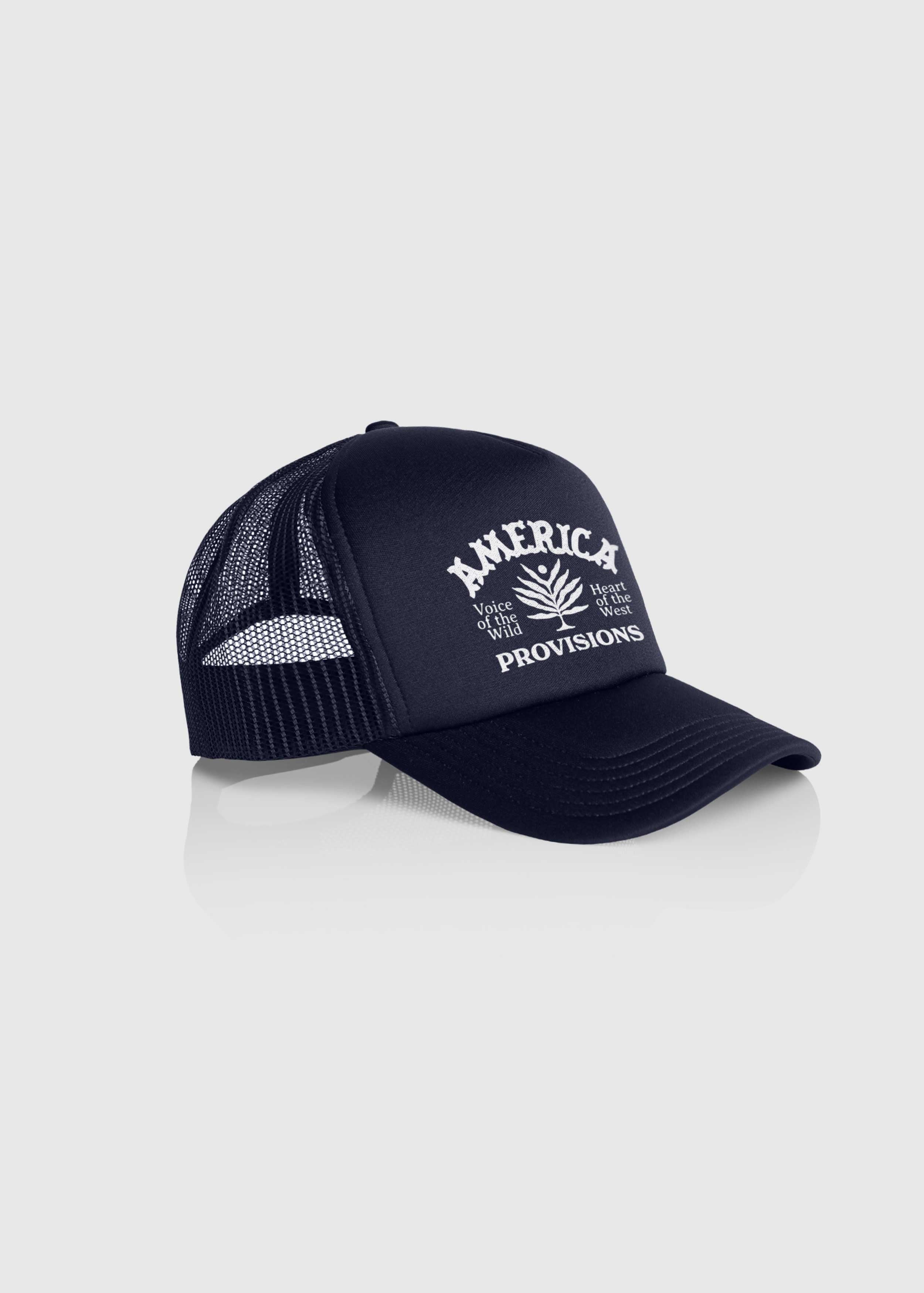 Side View of Navy America Provisions Desert Leaf trucker cap with white graphic design, high-profile snapback with mesh back — printed and shipped from USA