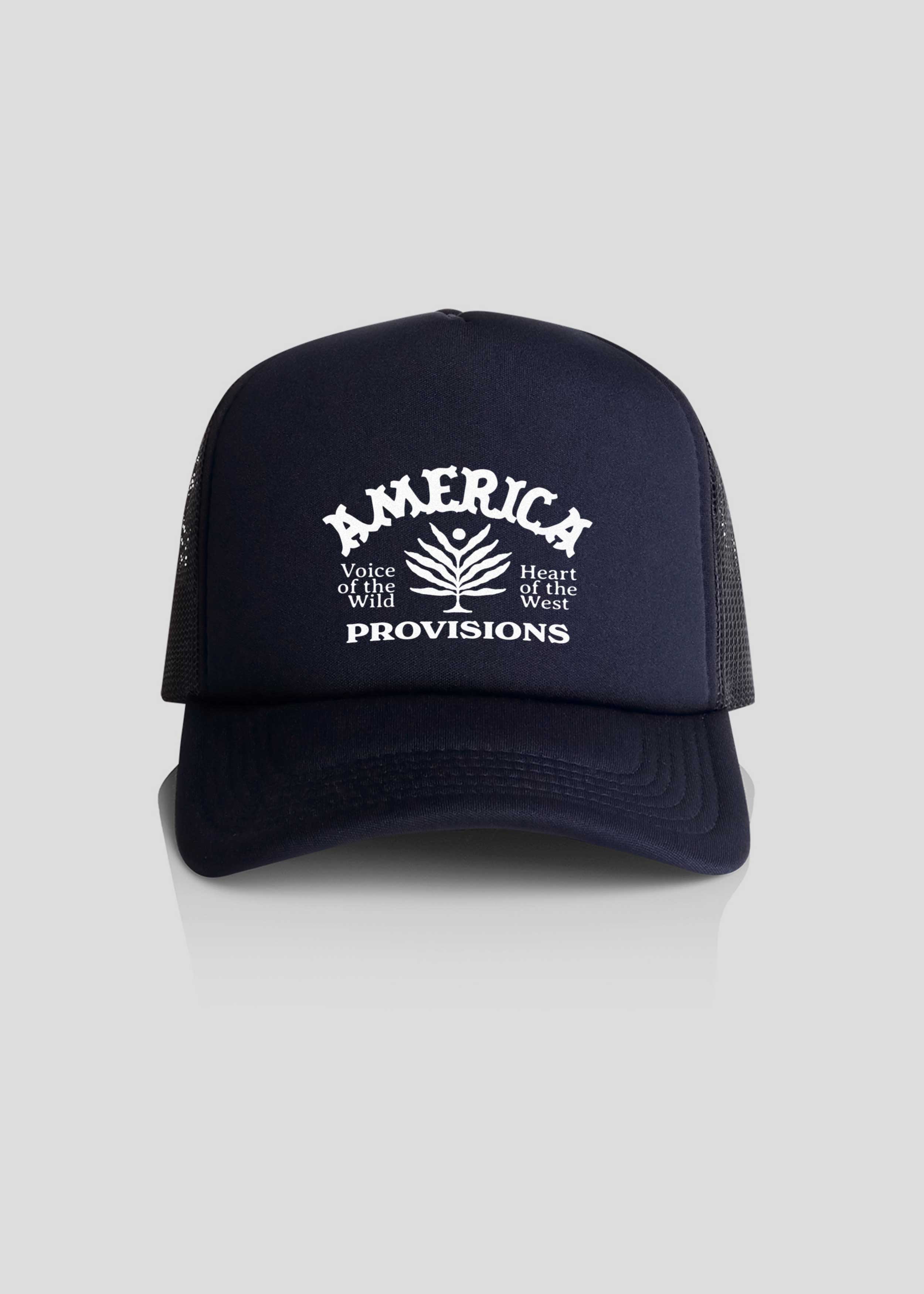 Navy America Provisions Desert Leaf trucker cap with white graphic design, high-profile snapback with mesh back — printed and shipped from USA