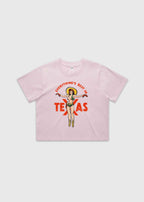 Orchid cropped t-shirt featuring a retro cowgirl illustration with the text “Everything’s Best in Texas,” premium Western graphic tee by America Provisions.