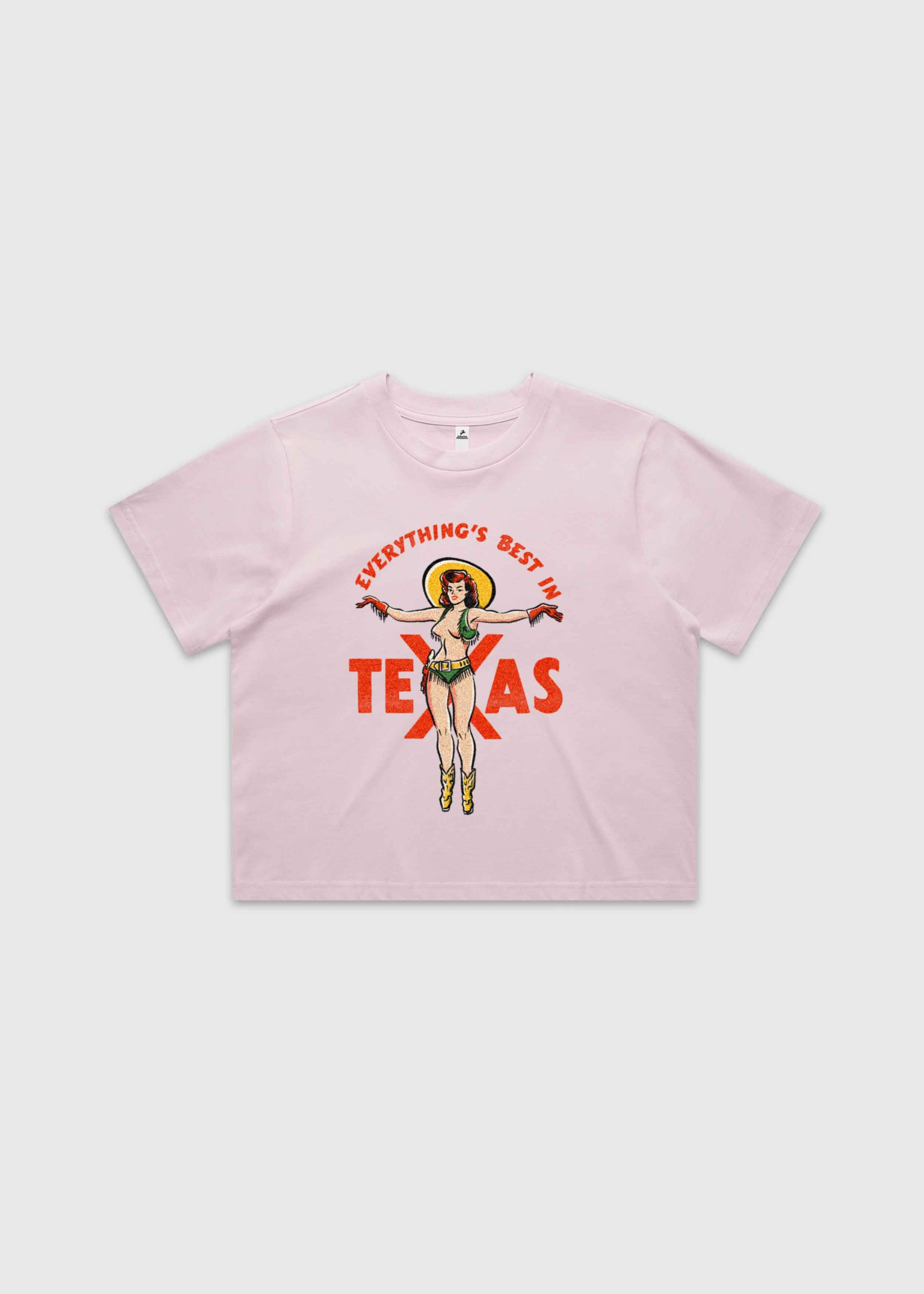 Orchid cropped t-shirt featuring a retro cowgirl illustration with the text “Everything’s Best in Texas,” premium Western graphic tee by America Provisions.