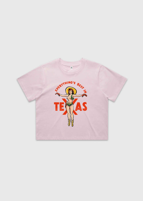 Orchid cropped t-shirt featuring a retro cowgirl illustration with the text “Everything’s Best in Texas,” premium Western graphic tee by America Provisions.