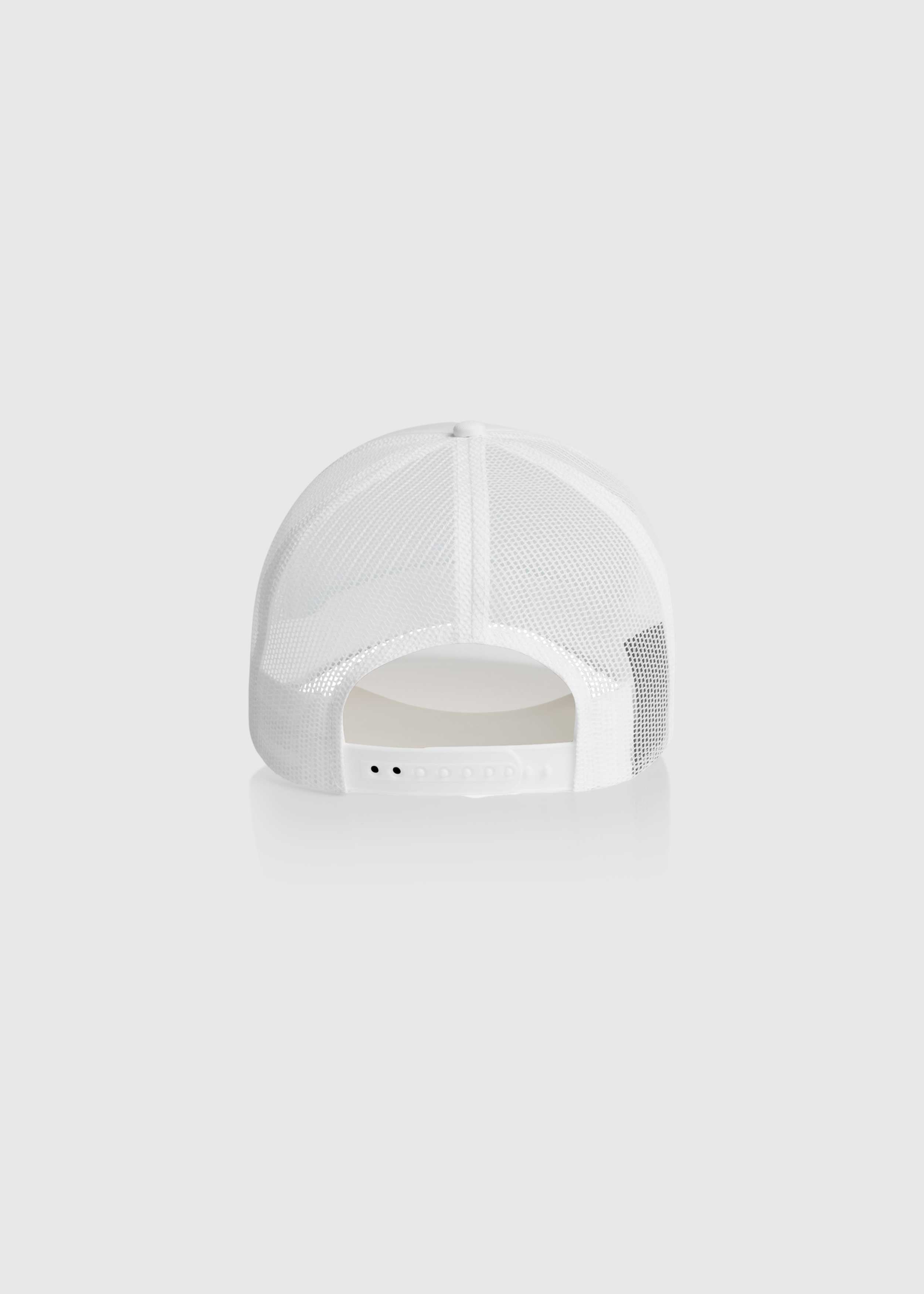 Back view of White America Provisions Desert Leaf trucker cap with white graphic design, high-profile snapback with mesh back — printed and shipped from USA