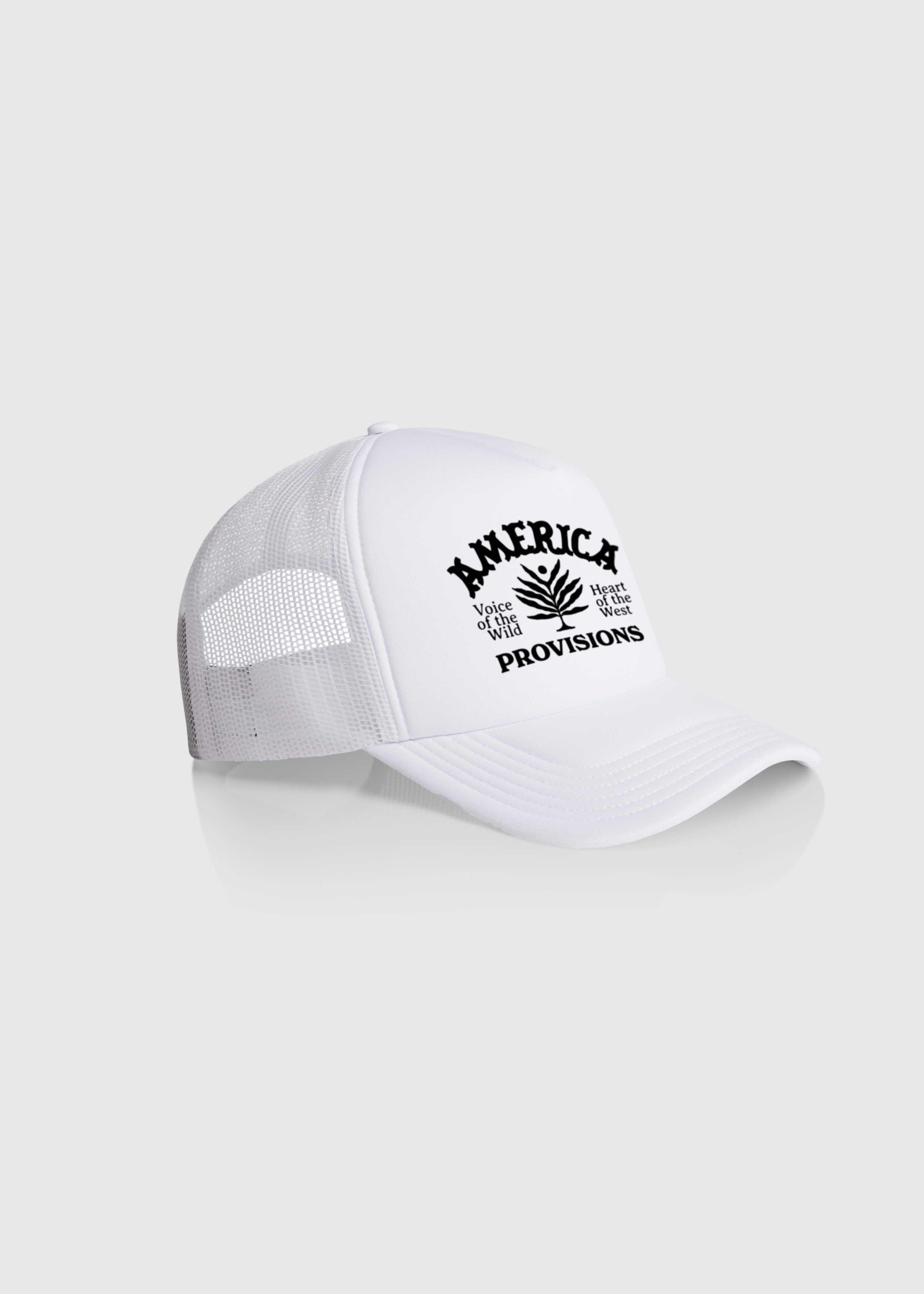 Side view of White America Provisions Desert Leaf trucker cap with white graphic design, high-profile snapback with mesh back — printed and shipped from USA