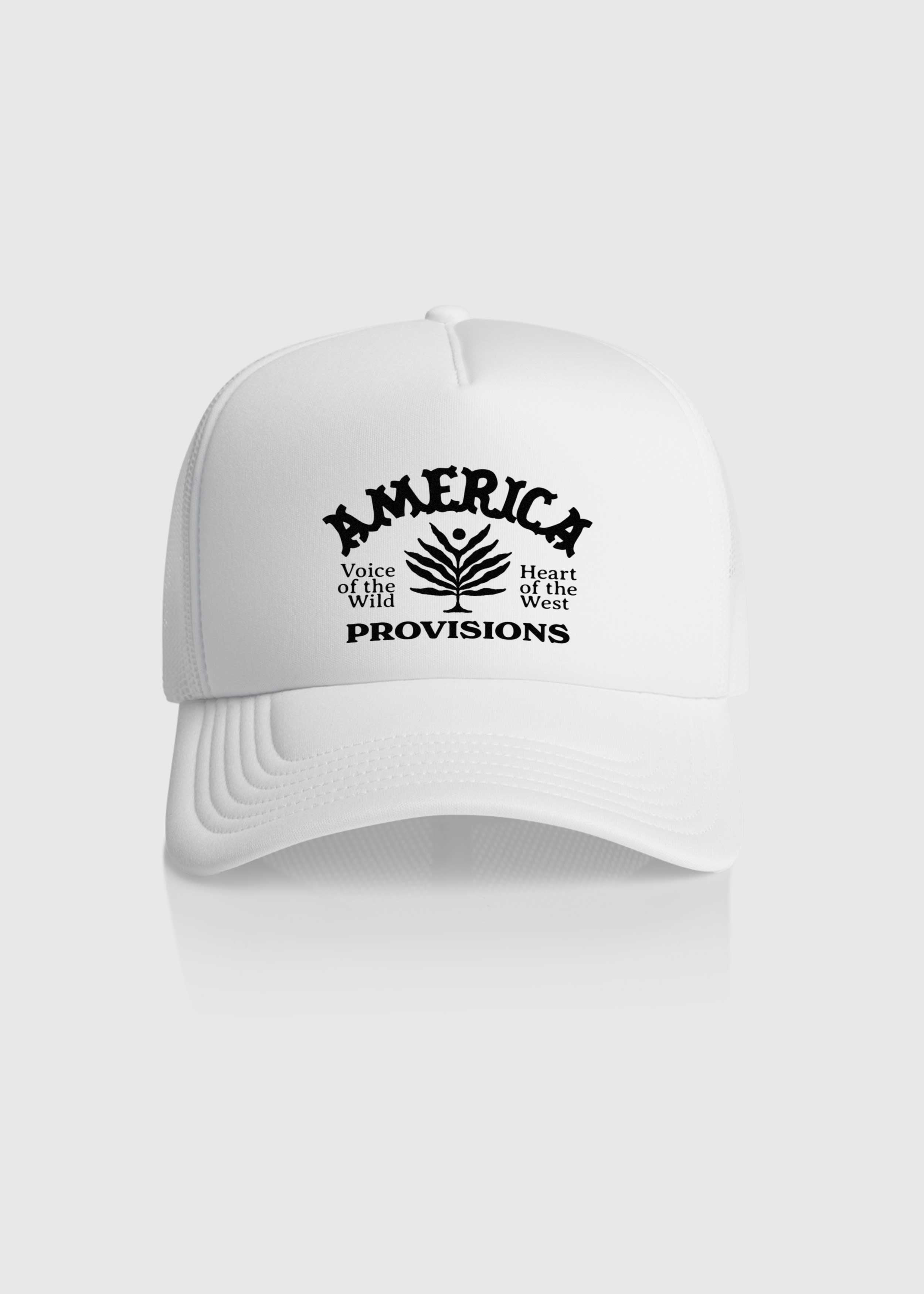 White America Provisions Desert Leaf trucker cap with white graphic design, high-profile snapback with mesh back — printed and shipped from USA