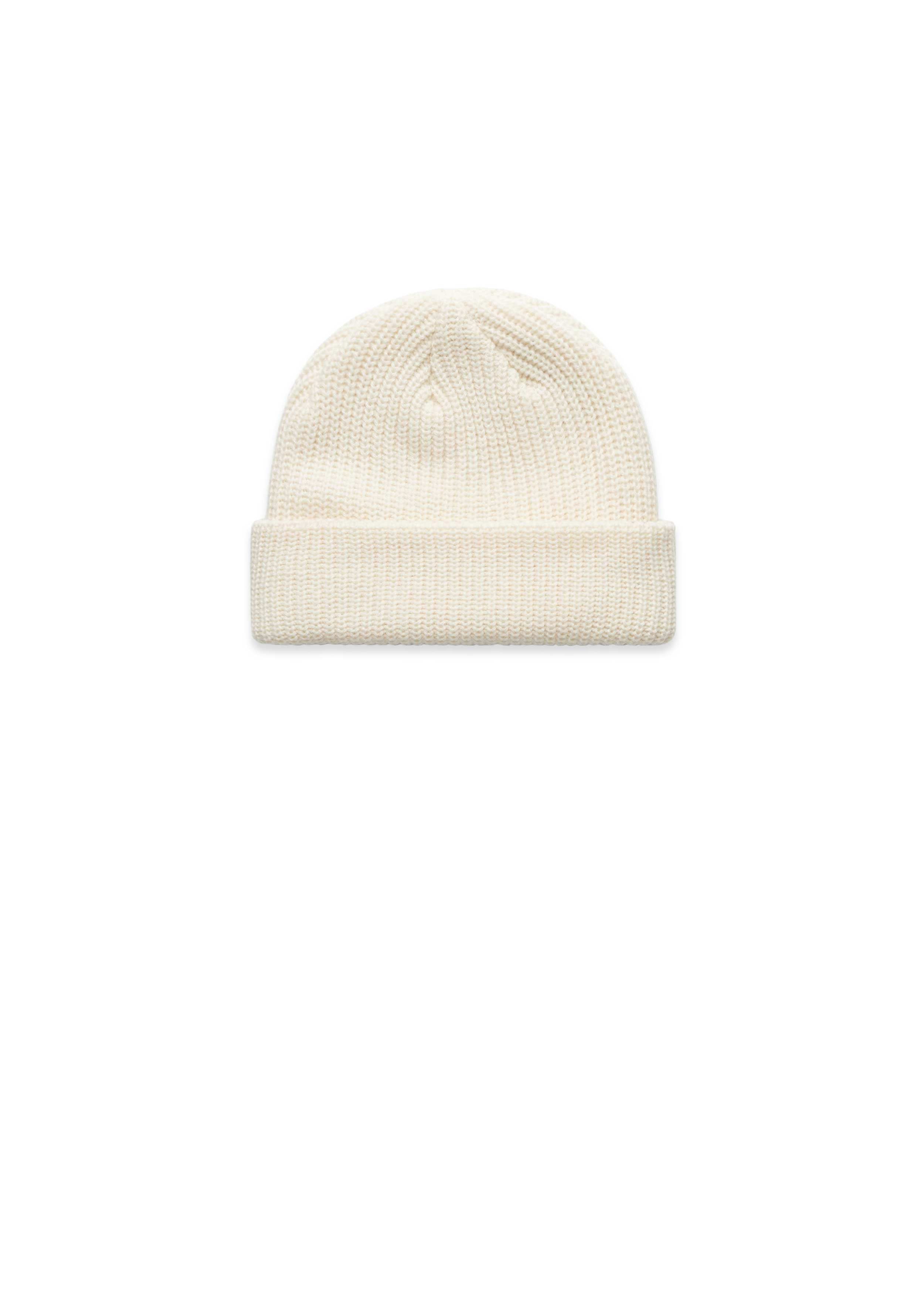 Beige knit beanie on a white background
