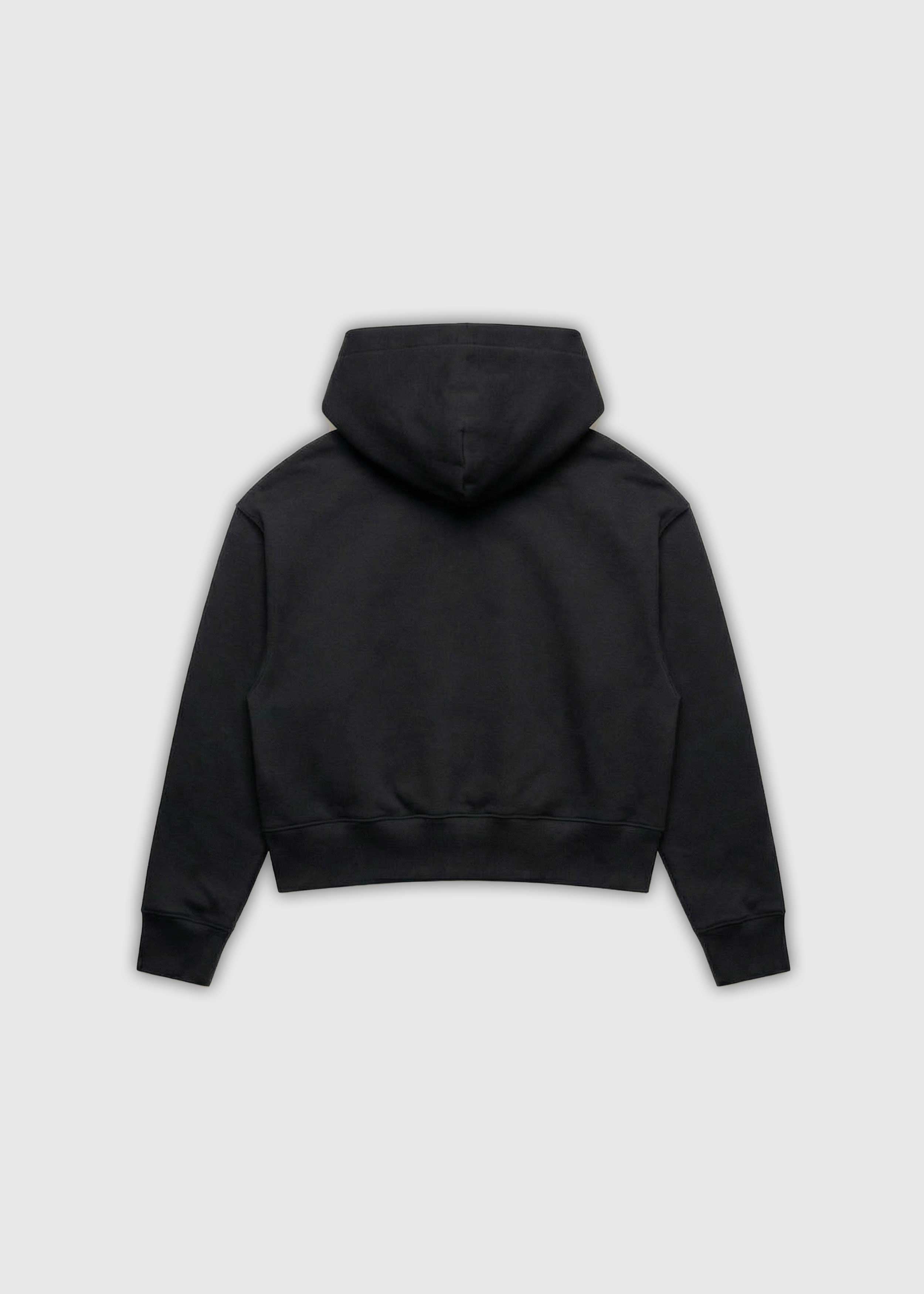 Reverse Cowgirl Hoodie. A cropped black hoodie from the back on a white background