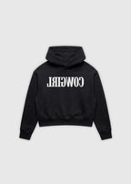 Reverse Cowgirl Hoodie. A cropped black hoodie with 'COWIRL' text on a white background