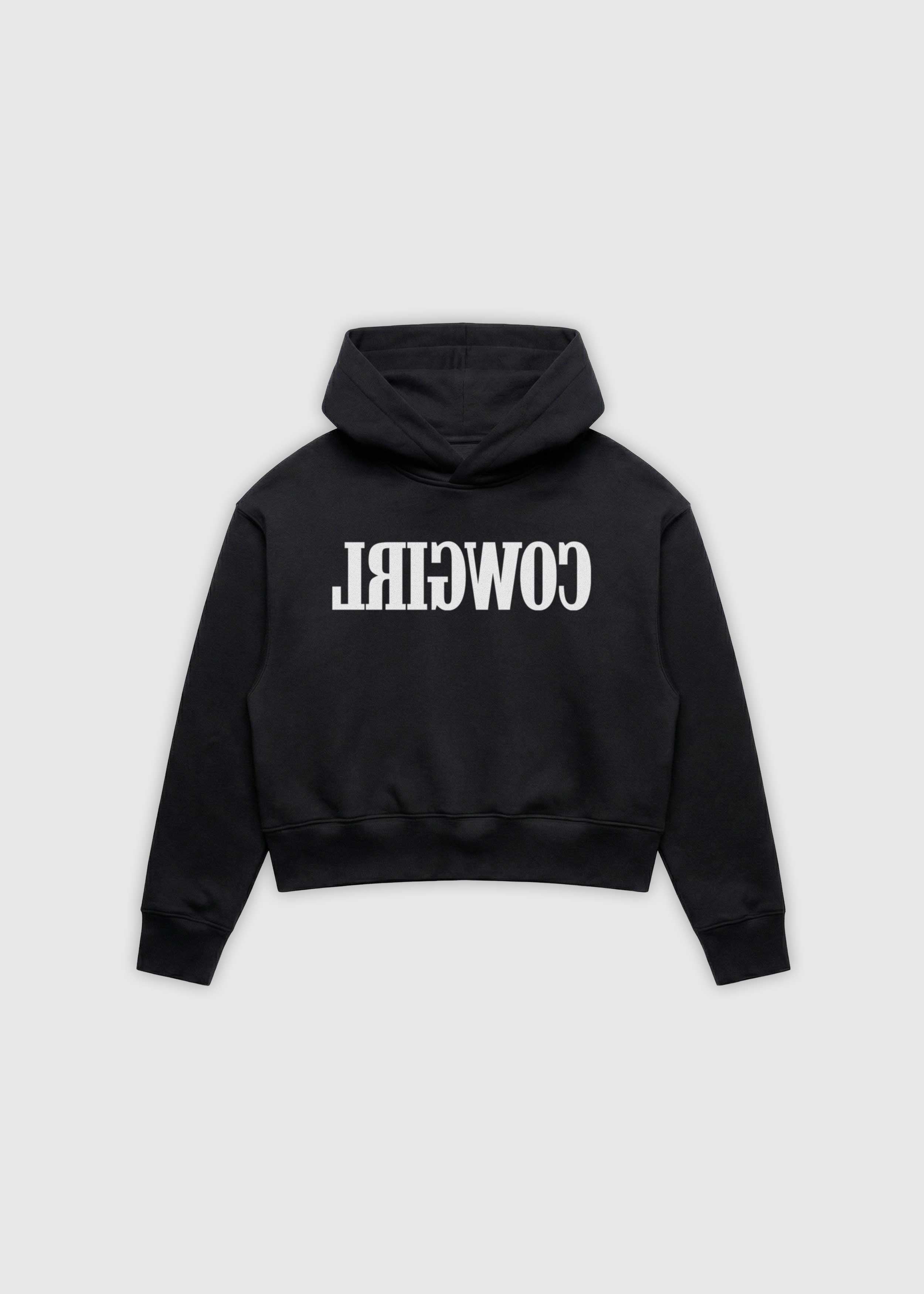 Reverse Cowgirl Hoodie. A cropped black hoodie with 'COWIRL' text on a white background