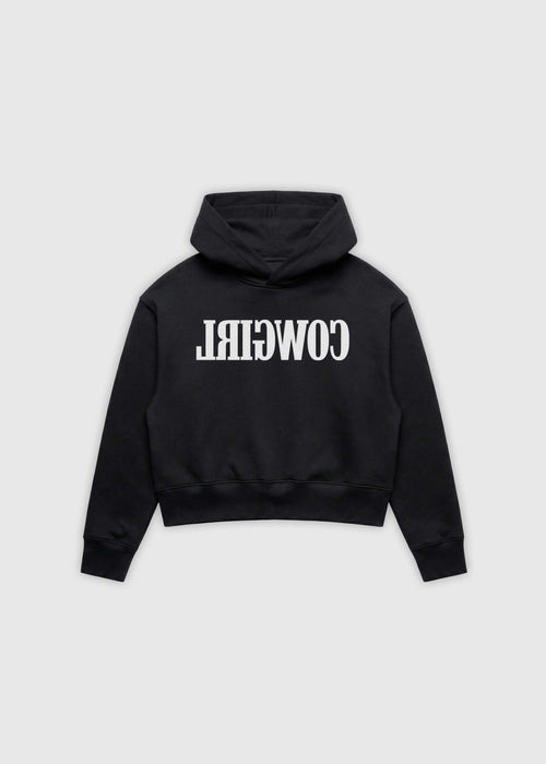 Reverse Cowgirl Hoodie. A cropped black hoodie with 'COWIRL' text on a white background