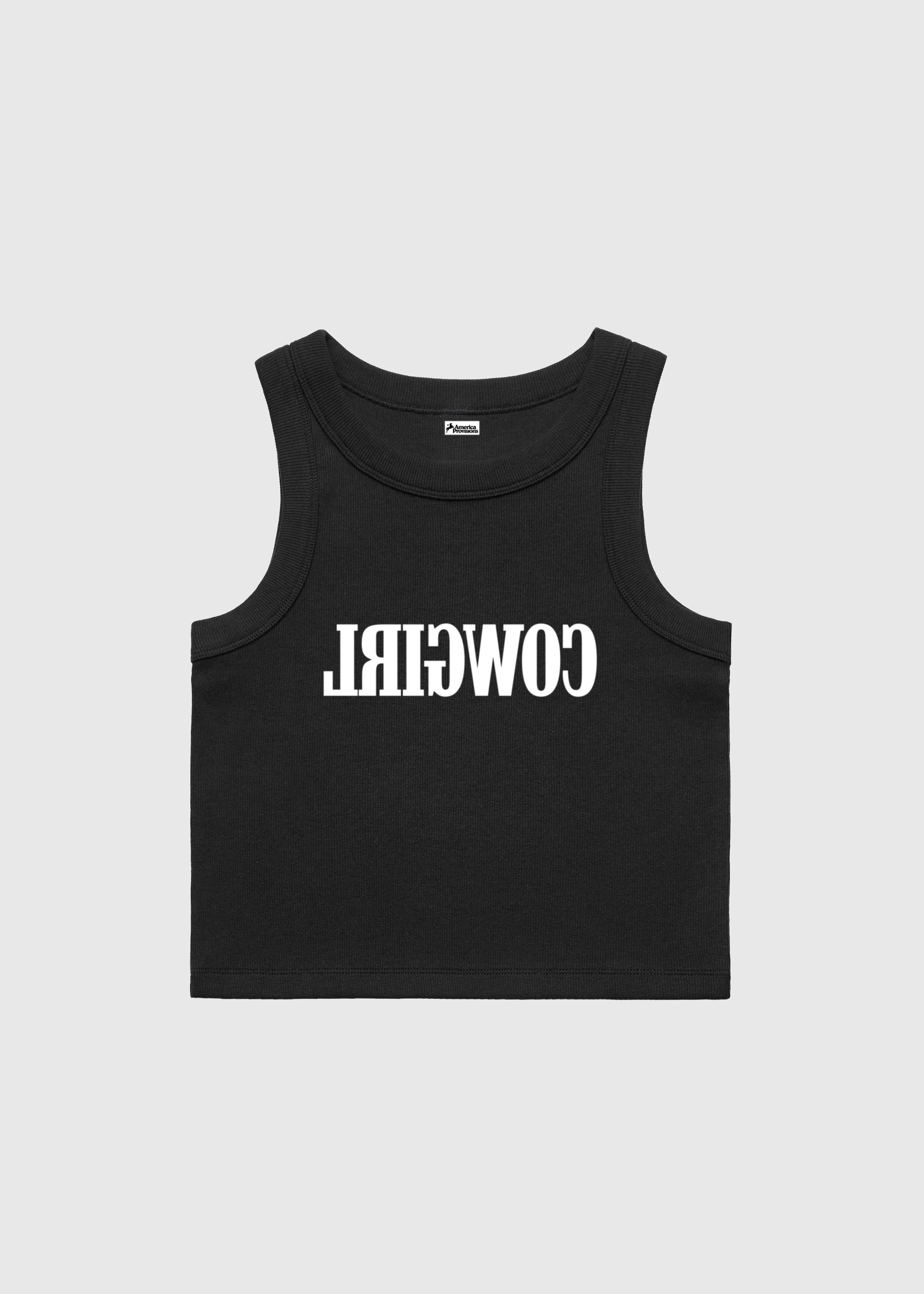 Black crop top with red text saying Cowgirl backwards and red high-waisted bikini bottoms on a white background