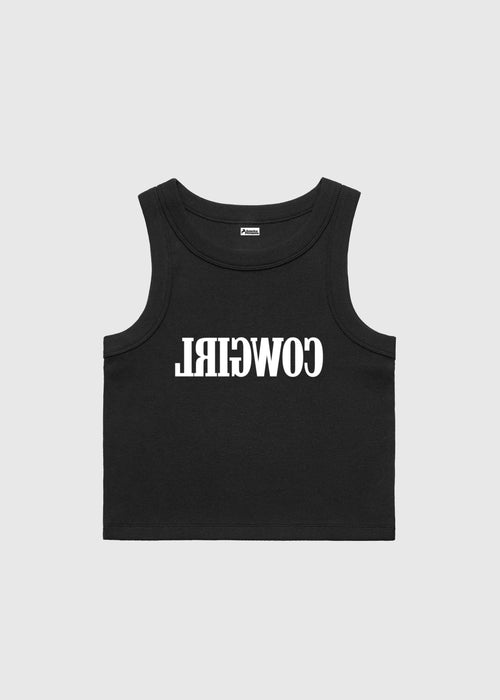 Black crop top with red text saying Cowgirl backwards and red high-waisted bikini bottoms on a white background