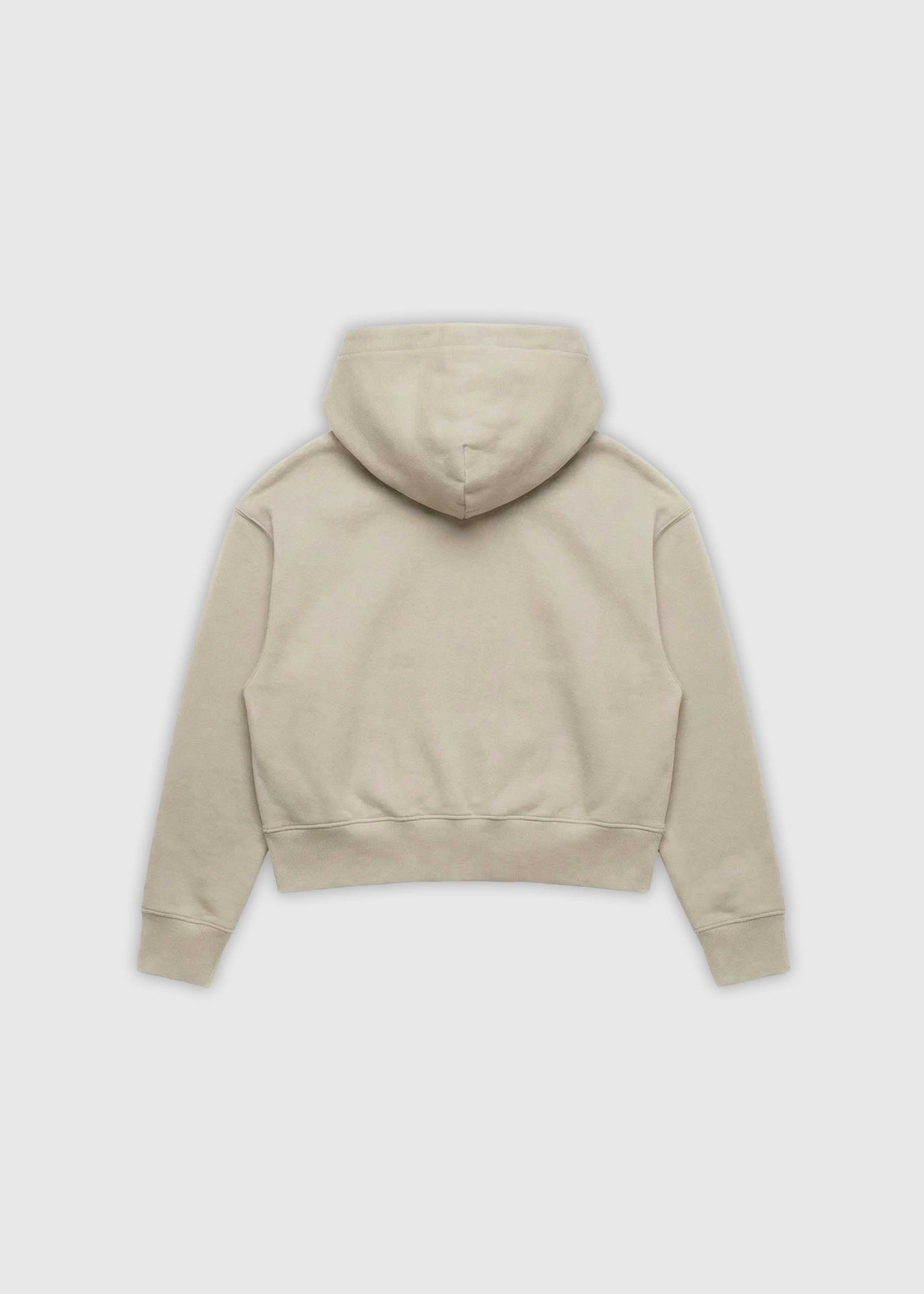 Reverse Cowgirl Hoodie. A cropped Bone hoodie from the back on a white background