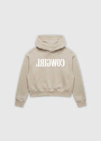 Reverse Cowgirl Hoodie. A cropped Bone hoodie with 'COWIRL' text on a white background