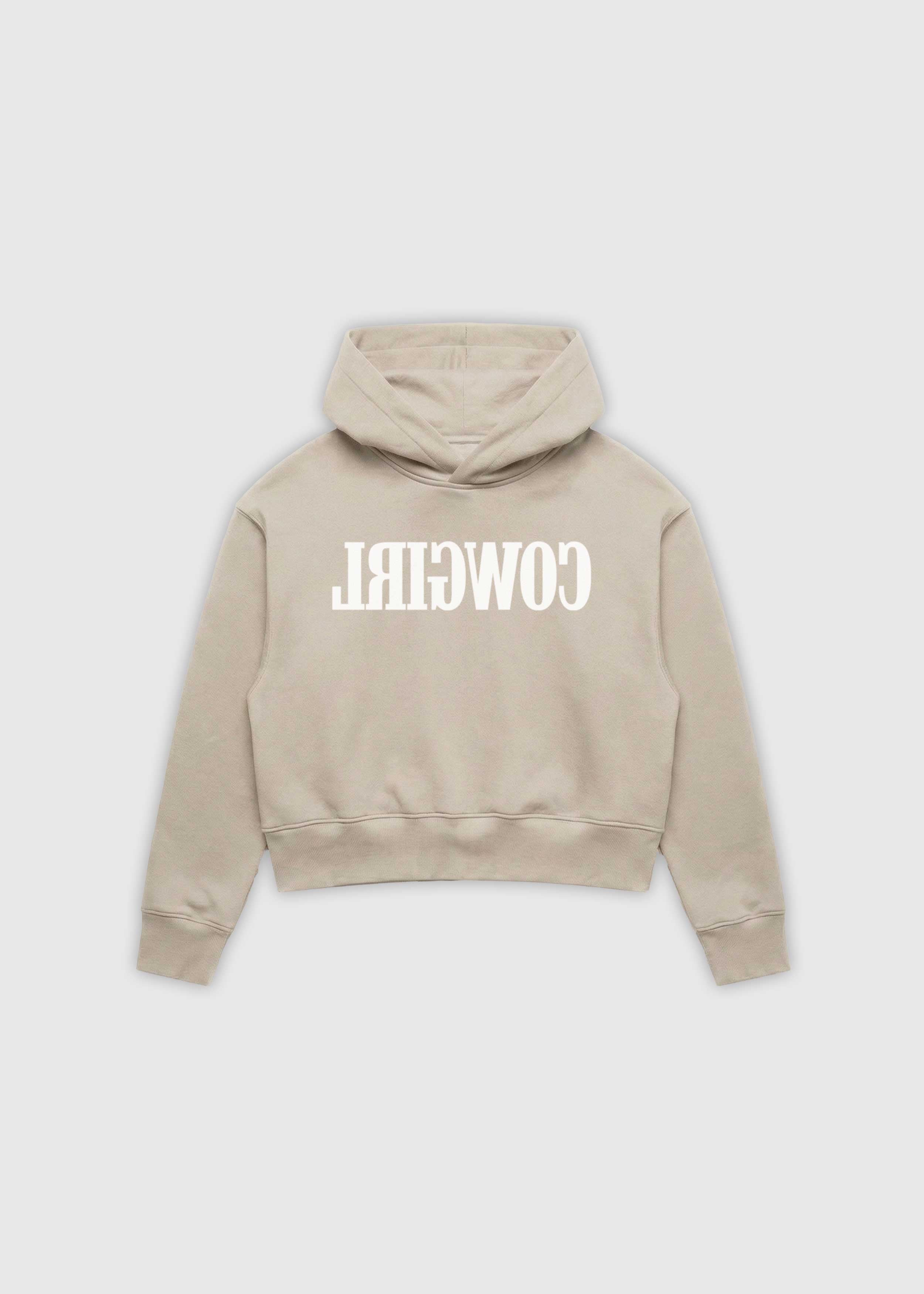 Reverse Cowgirl Hoodie. A cropped Bone hoodie with 'COWIRL' text on a white background