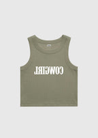 Eucalyptus crop top with red text saying Cowgirl backwards and red high-waisted bikini bottoms on a white background